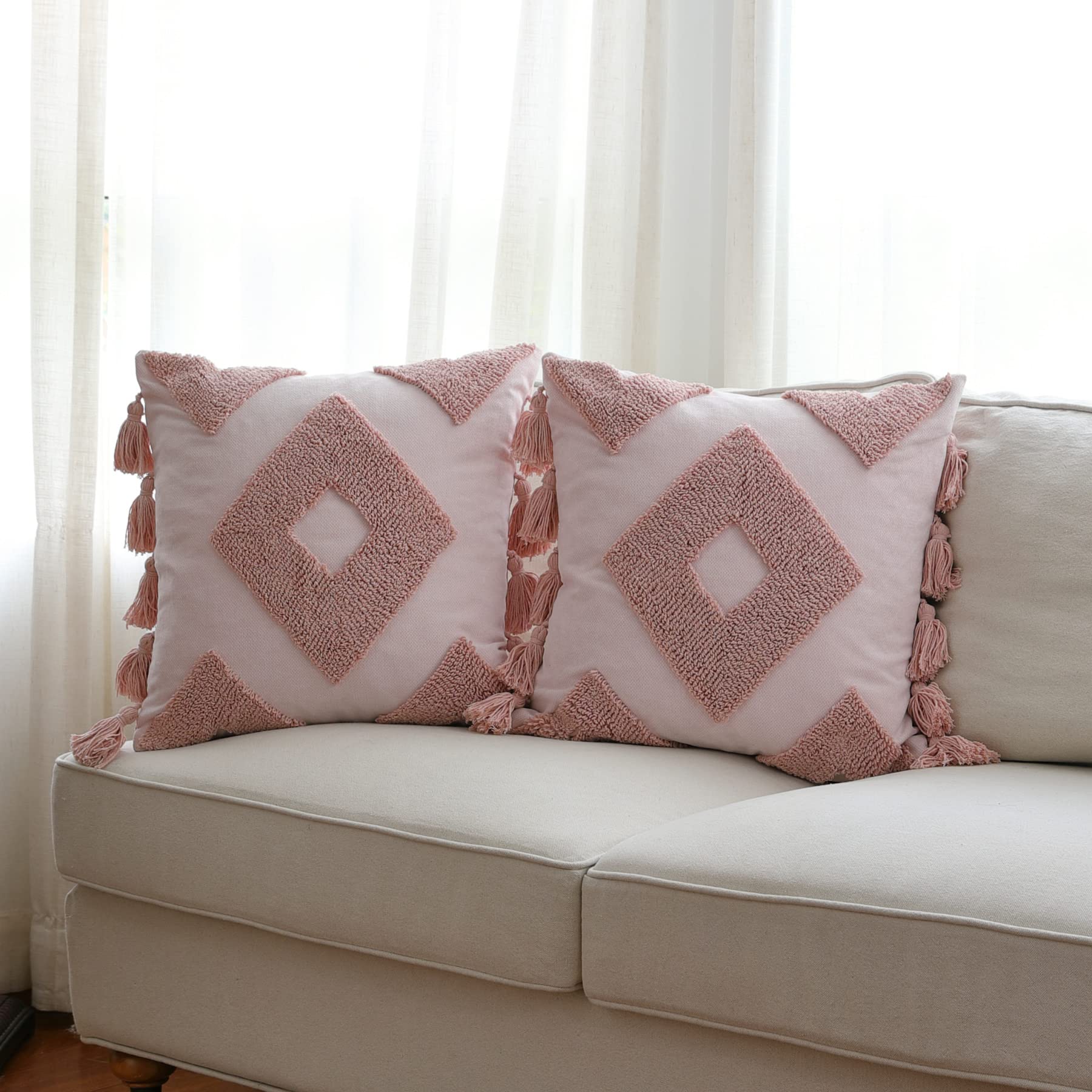 SnugtownWoven Tufted Boho Throw Pillow Cover Set of 2, Modern Decorative Geometric Pattern Cushion Case with Tassels, Farmhouse Pillowcases for Couch Sofa Bedroom Living Room, 18 x 18 Inches, Pink