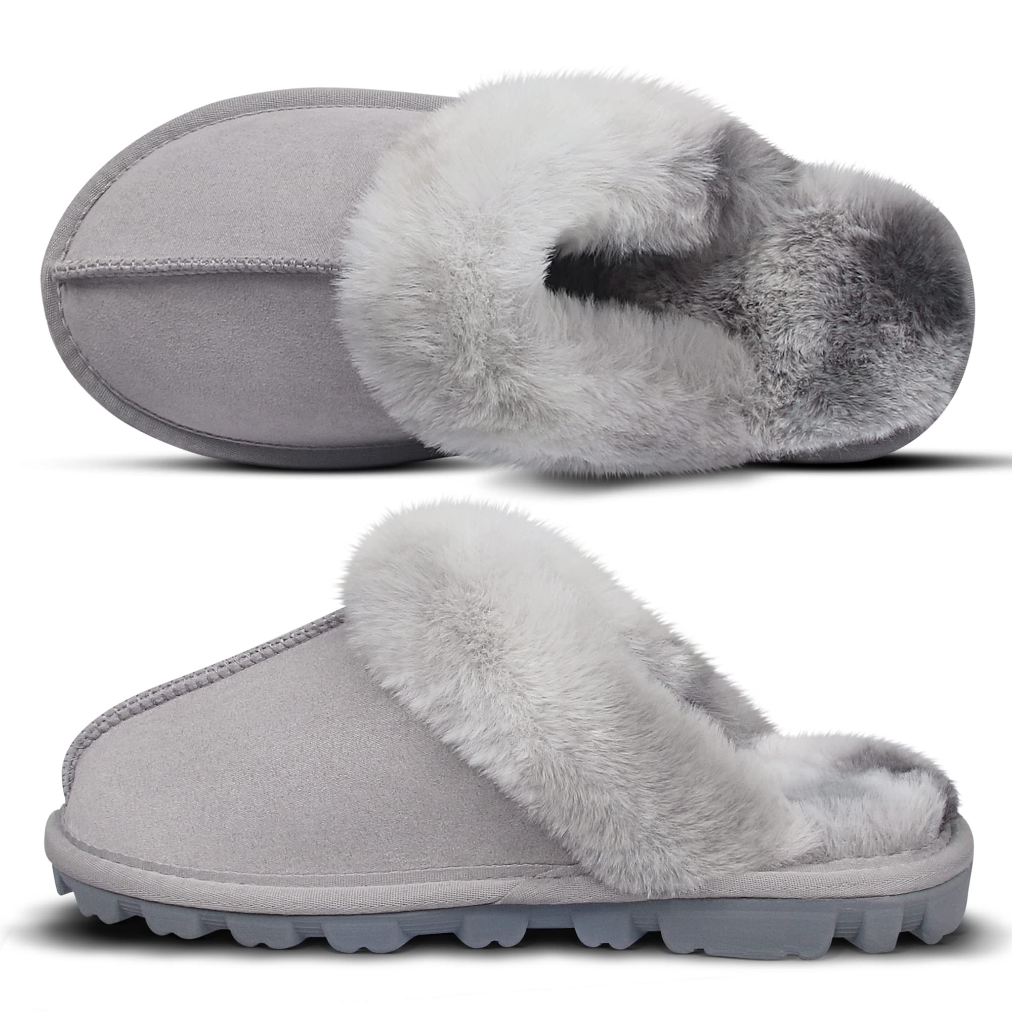 EZSURF Womens Fuzzy Plush Slippers Outdoor Indoor Faux Fur House Shoes Anti-slip Rubber Sole