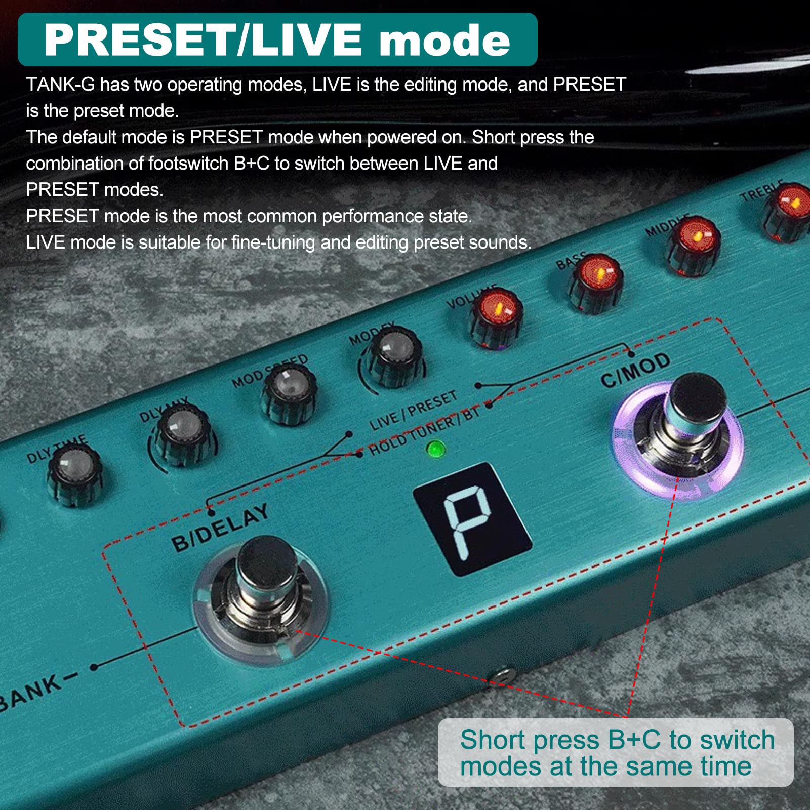 Pedale Multieffetto, TANK-G Dispositivo per chitarra effetto singolo blocco, potente memoria audio, scheda audio integrata, effetto chitarra portatile esterni (batteria integrata da 3000 mAh)