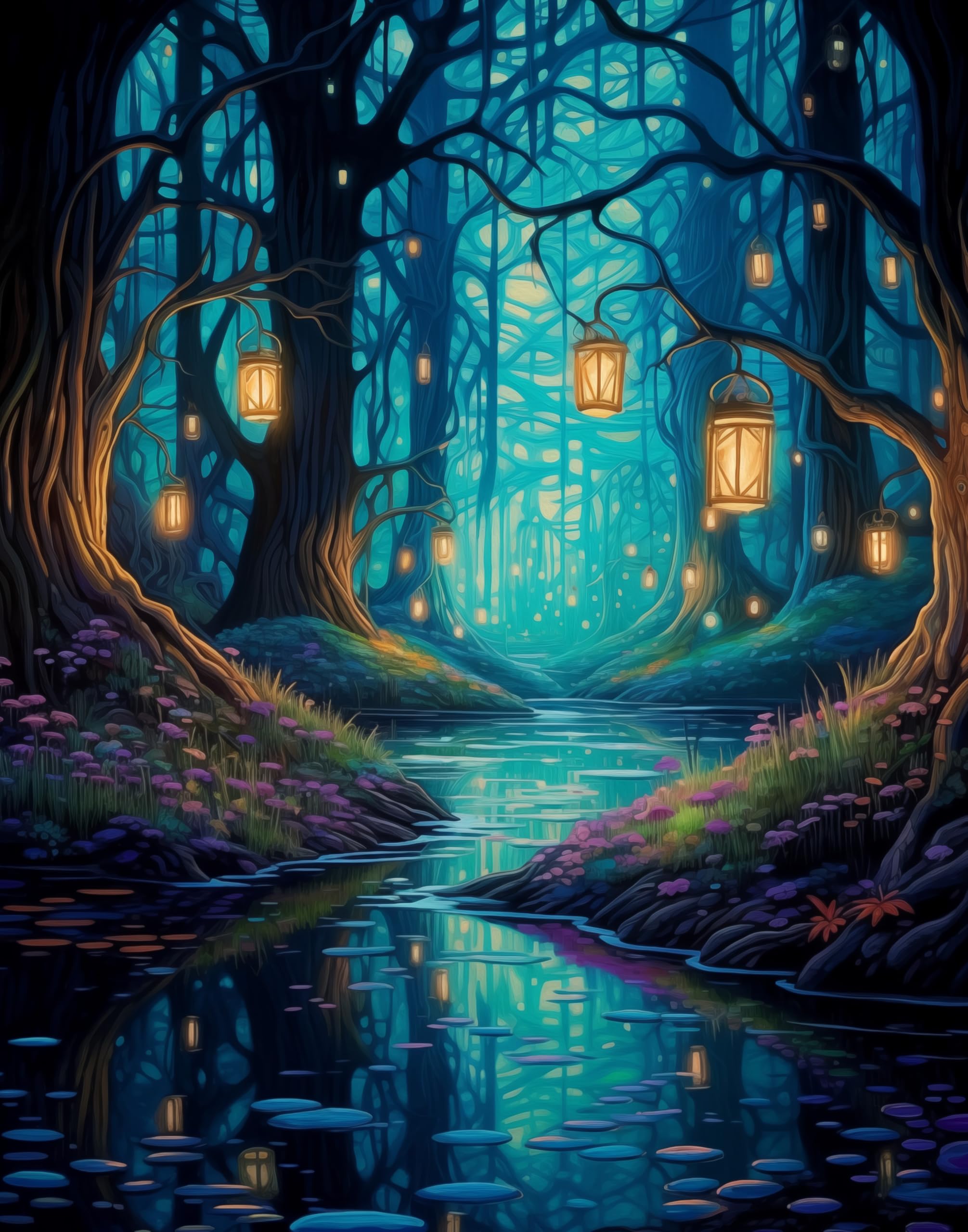 Amazon.com: Lanterns Hanging in Trees Magic Forest Scene Poster