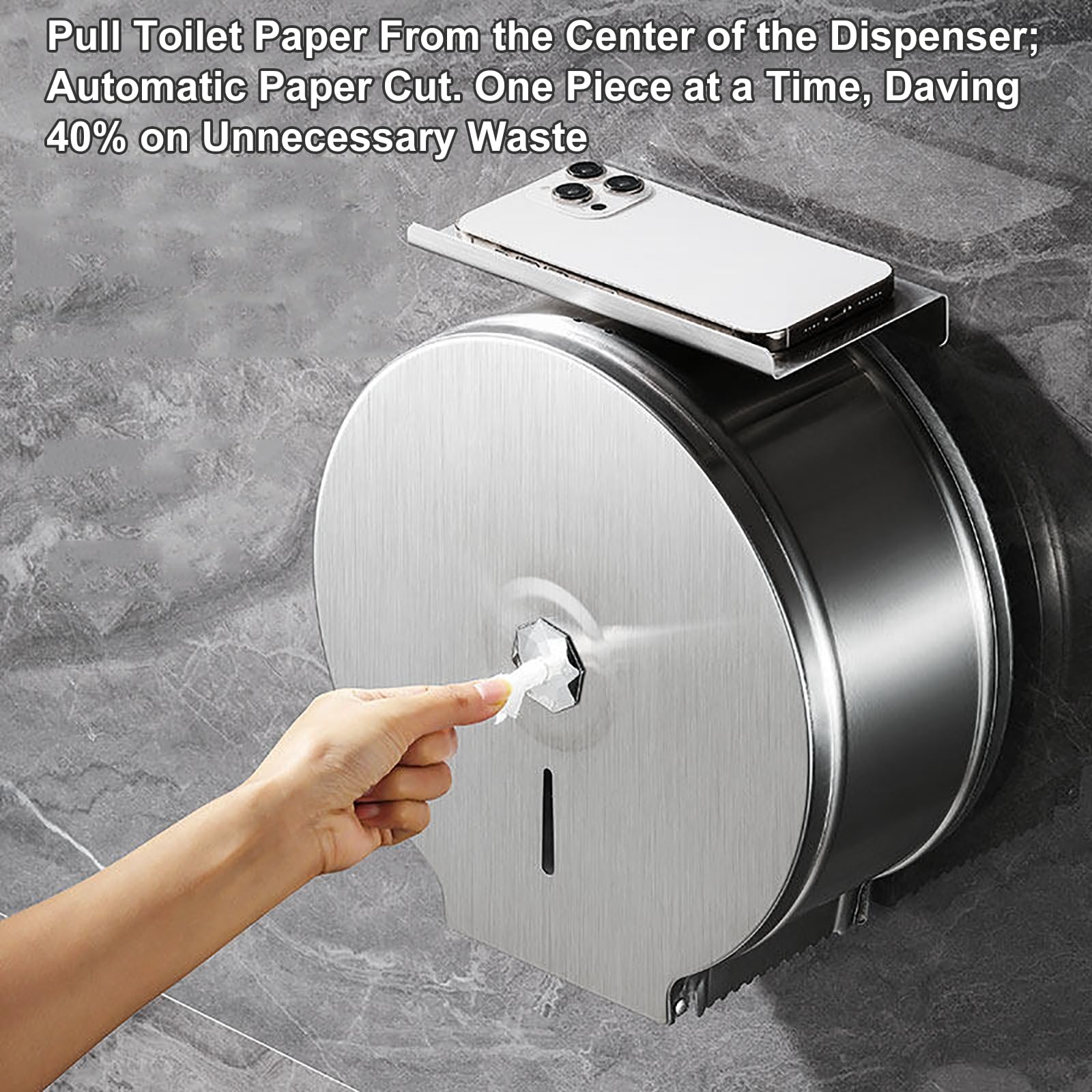 Dispensador de papel higiénico comercial de acero inoxidable con bloqueo antirrobo, soporte de pared, dispensador de rollos de papel para baños e instalaciones públicas (negro)