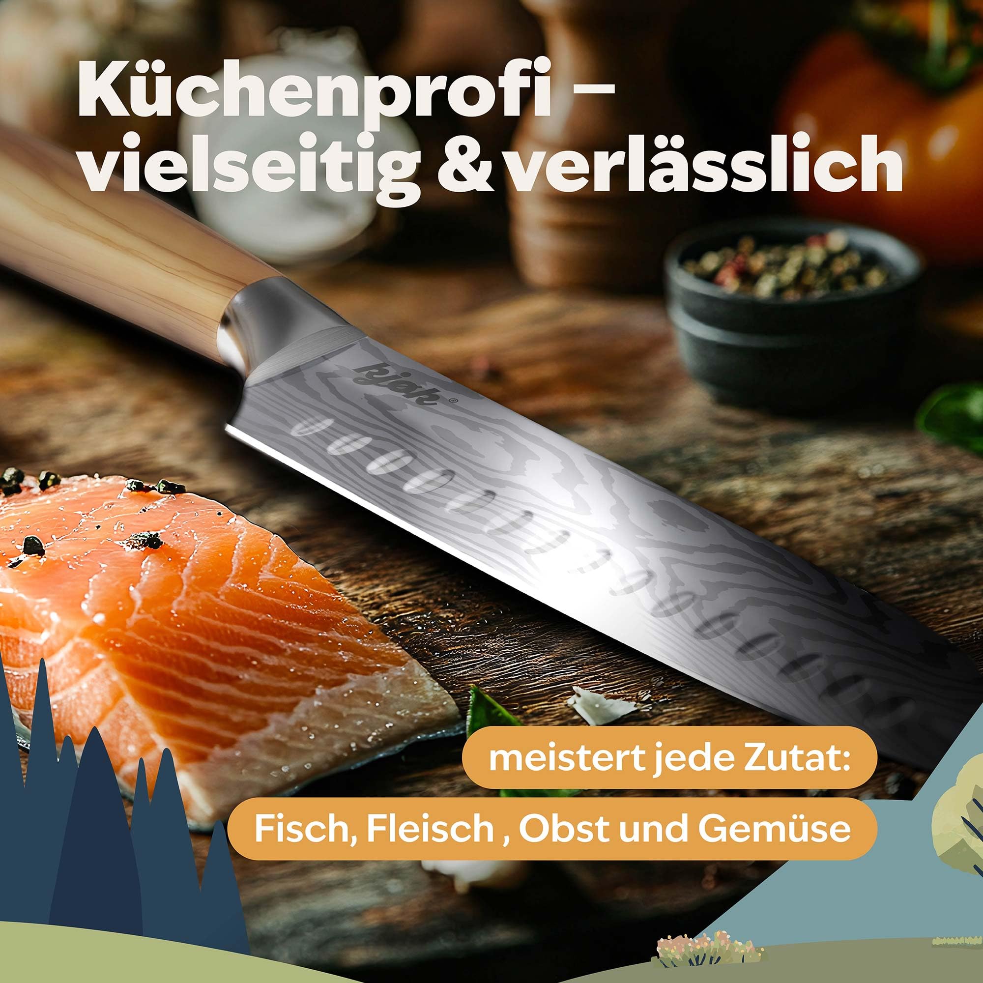 kjøk Premium Santoku-Messer 17 cm (7Cr-Stahl) mit Olivenholzgriff – extra scharfes Allzweck-Küchenmesser für Fleisch, Fisch und Gemüse – asiatisches Kochmesser mit Schutzhülle, nur 177 g