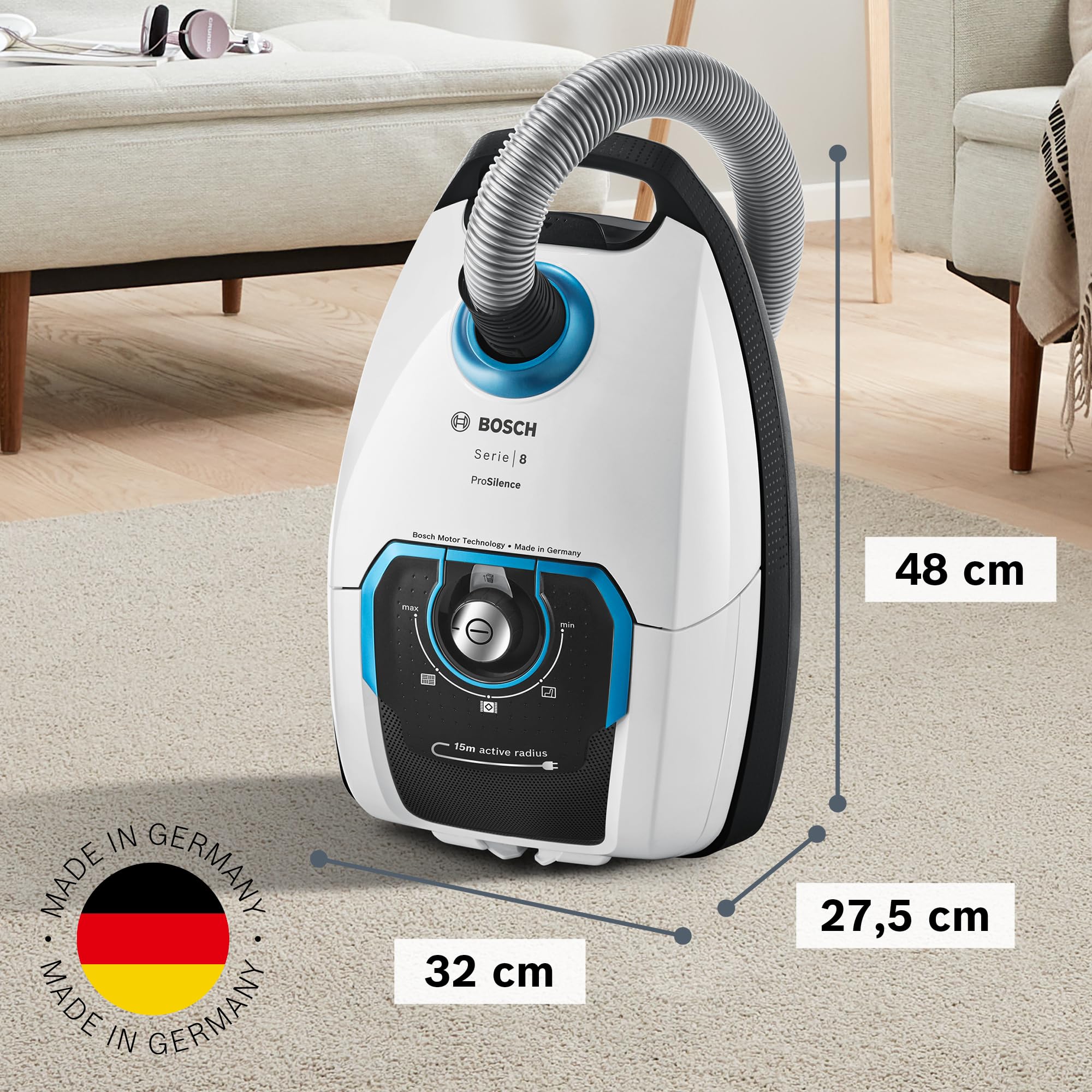 Bosch Staubsauger mit Beutel ProSilence Serie 8 BGB75XSIL, Bodenstaubsauger, ideal für Allergiker, Hygiene-Filter, 10 Jahre Motorgarantie, Hartbodendüse, langes Kabel, Made in Germany, 650 W, weiß