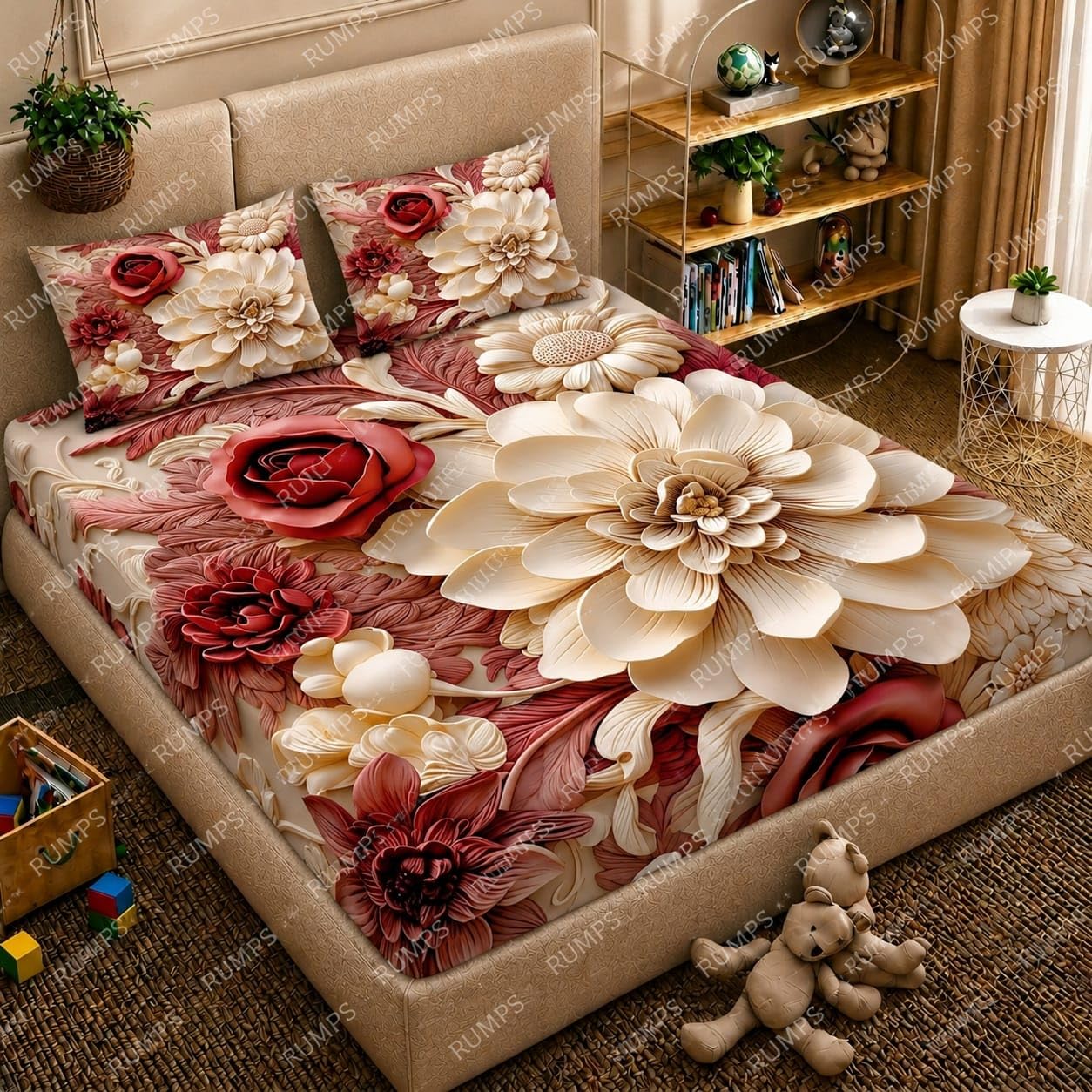 RUMPS 7D Digital Floral Bedsheet with 2 Pillow Covers, King Size Flat Bedsheet 90x100 Inch, Luxury Flower Printed Bedsheet