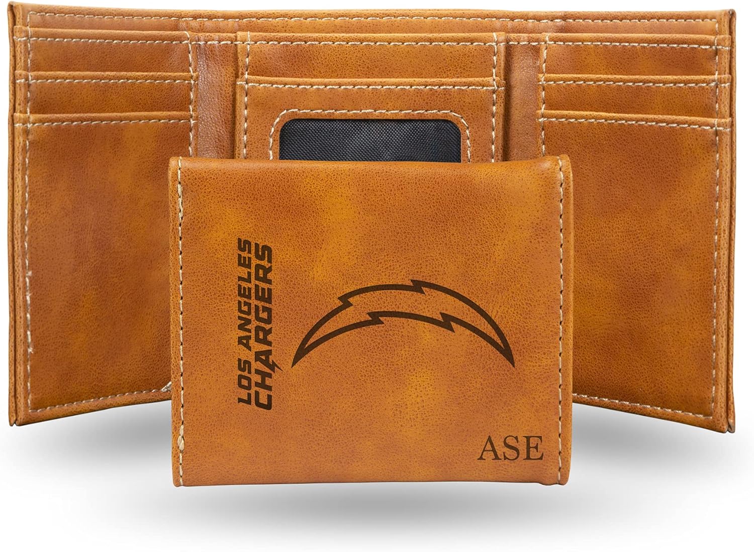 Rico Industries NFL Football Los Angeles Chargers Brown Personalized-Custom Laser Engraved Faux Leather Tri-fold Wallet - Slim Wallet