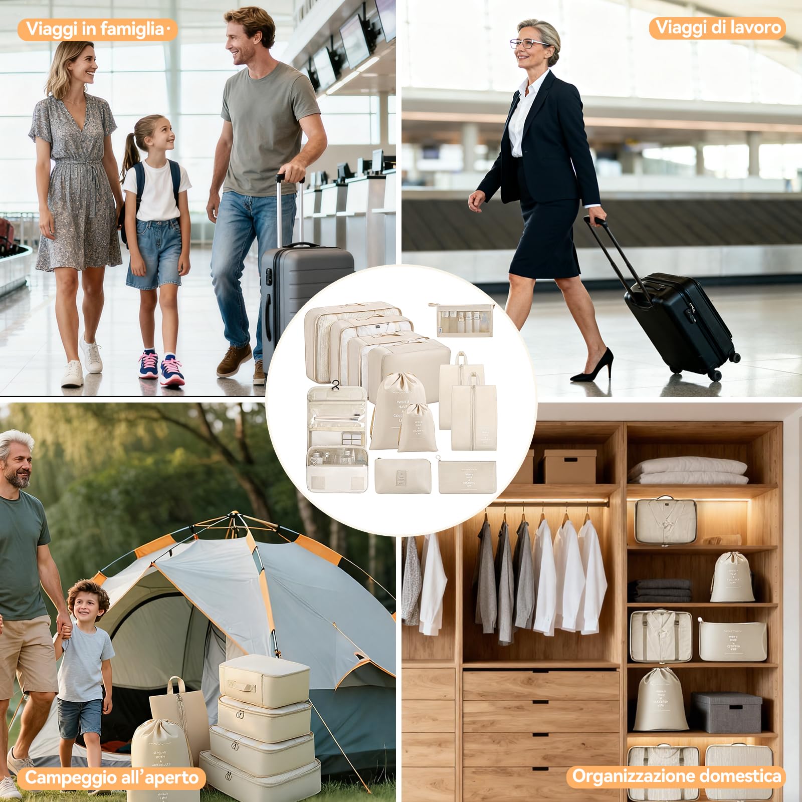 Organizer Valigia 12 Pezzi (Beige), set organizer per valigia, organizer viaggio, packing cubes, sacchetti vestiti viaggio