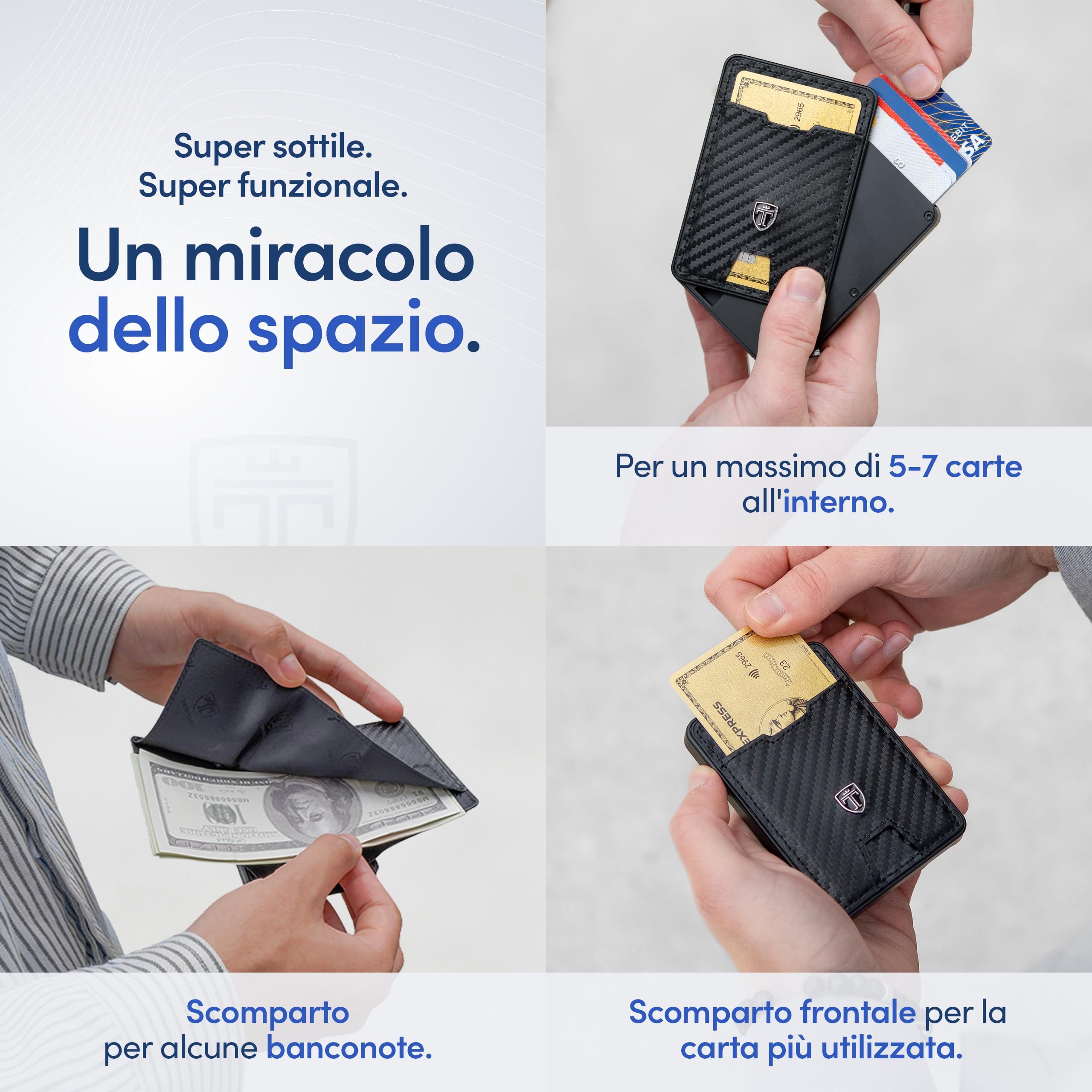 TRAVANDO SWYPE Alluminio Portafoglio Uomo Slim - Carbonio Portacarte Uomo Protezione RFID - Porta Tessere piccolo con cinturino Porta Soldi - Portafogli Slim Di Credito - Mini Smart Wallet