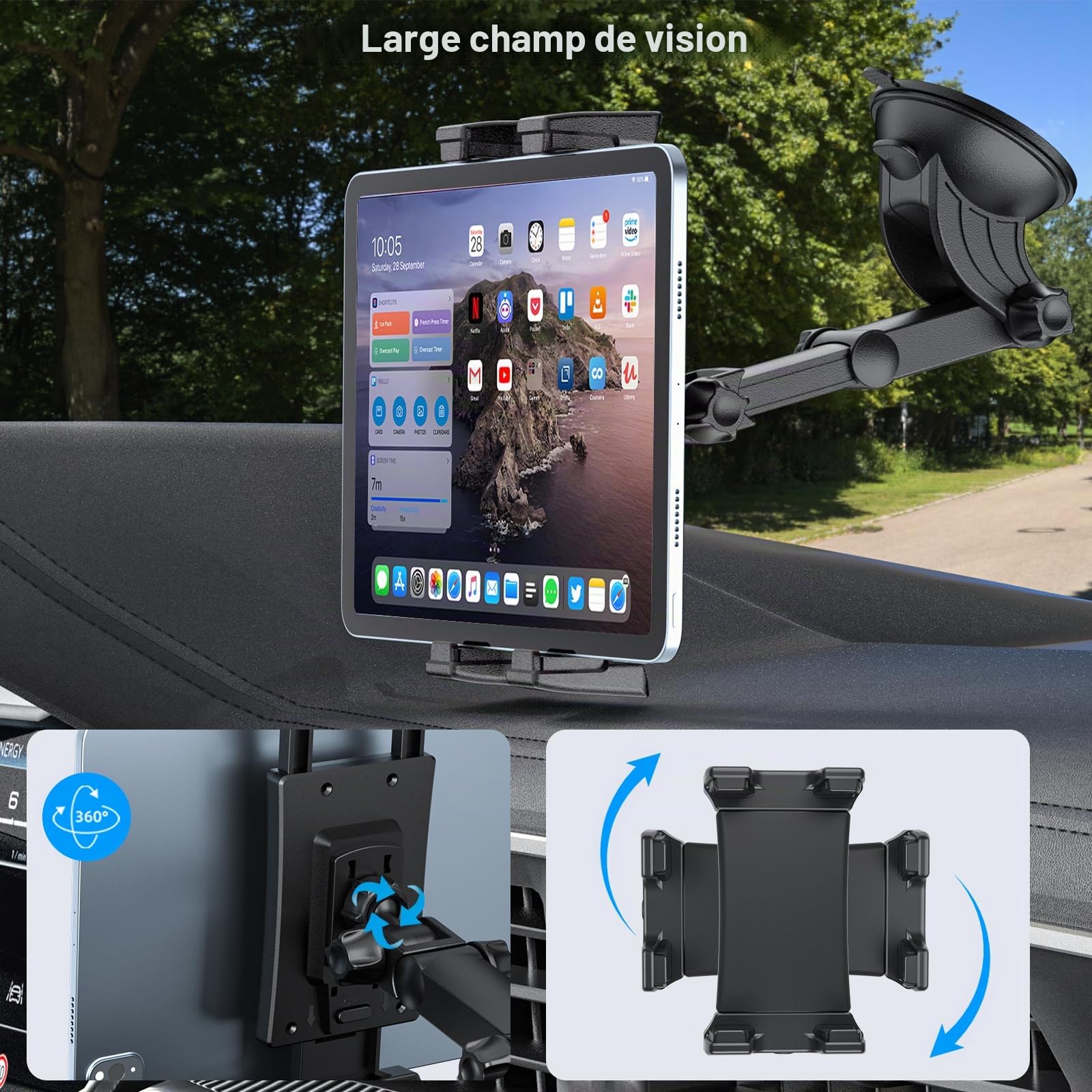 OHLPRO Support Tablette Voiture Tableau de Bord, Porte iPad Ventouse pour sur Pare-Brise Compatible avec 5" - 13" iPad Pro Mini Air iPhone Galaxy Tab S9 Kindle Switch avec Bras Télescopique Réglable