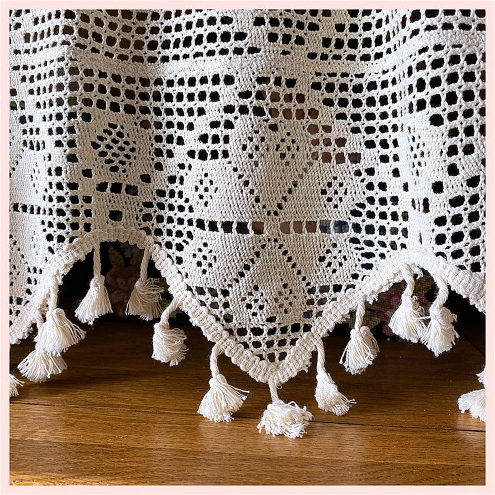Rideaux à pompons au crochet pour salon et chambre à coucher - Style rustique - Dentelle florale - 1 panneau - 220 x 55 cm (l x H) - Beige