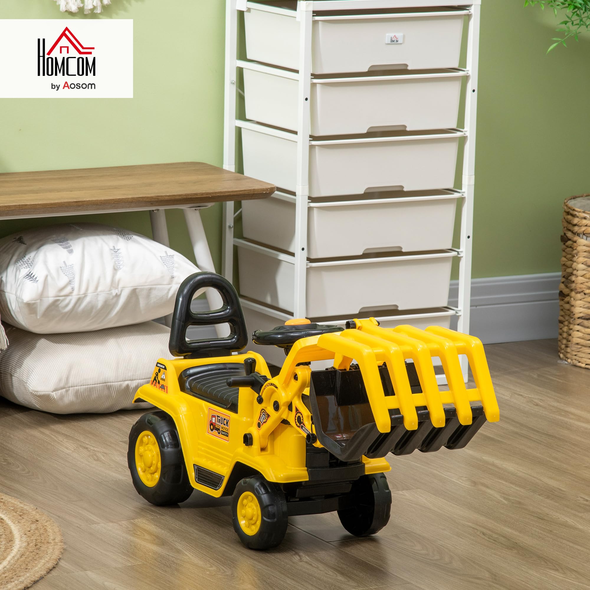 HOMCOM Sitzbagger Aufsitzbagger mit drehbarer Verstellbarer Schaufel, Hupe Kinderbagger mit Stauraum unter Sitz Rutschauto Spielzeugbagger zum Sitzen bis 30 kg, Sandbagger für Kinder 2-4 Jahre Gelb