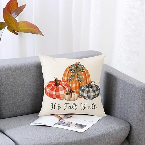 Miniatura 2 de Aitukang Fundas de almohada de otoño de 18 x 18 pulgadas, diseño de calabaza a cuadros de acuarela, funda de almohada decorativa de otoño de Acción