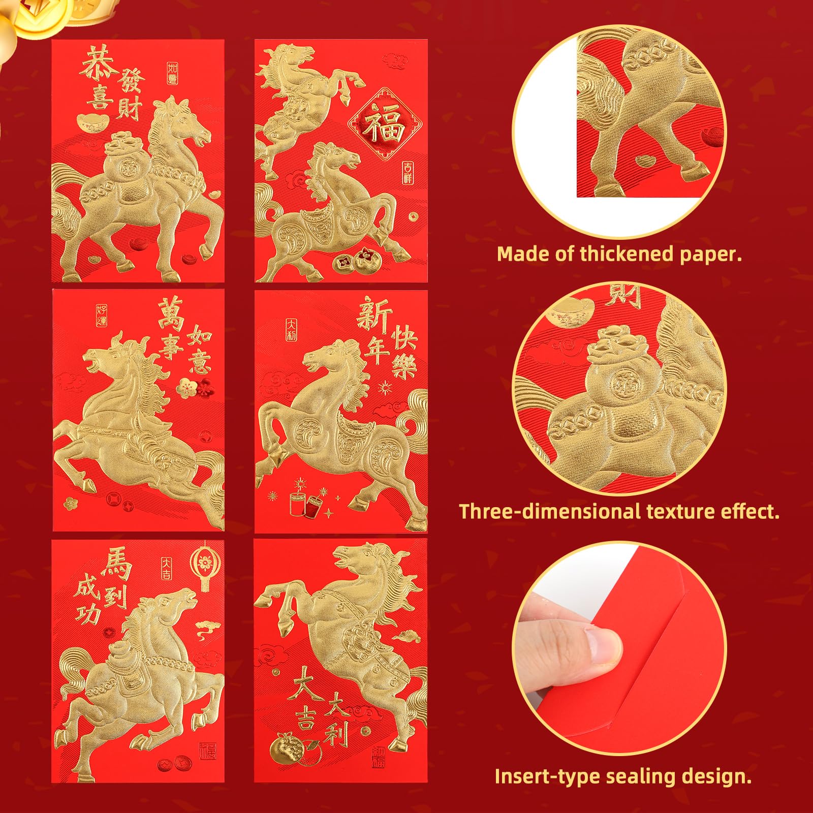 Buste Rosse per Capodanno Cinese 2026 Feng Shui 11,5x8cm 36pz con 50pz Monete Cinesi (6 Stili)