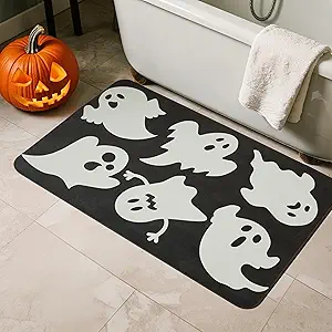 Halloween Bath Mat, Thin Halloween Bathroom Rug Non Slip Quick Dry Ghost Bath Mat Fits Under Door Thin Floor Mat Halloween Decor, 17''x30'', Ghosts Black