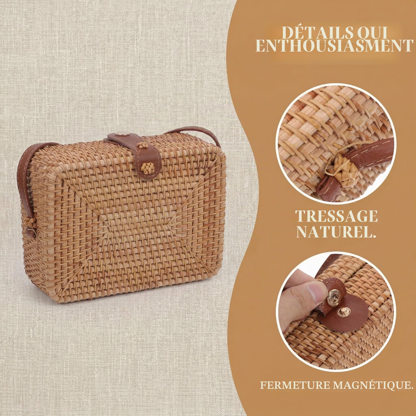 à bandoulière tissé en rotin Panier en cuir Paniers carrés Petit à bandoulière en cuir à main avec sangle en à main d'été de plage en rotin tissé à