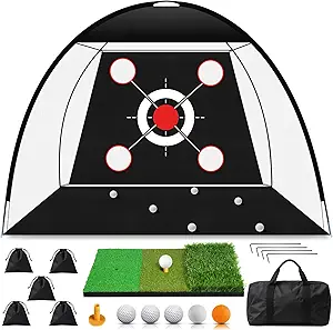 Golf Net 10x7FT with Tri-Turf Mat, Ball, Target & Bag, All-in-One Golf Practice Hitting Net for Backyard Driving, Chipping & Swing, Indoor Outdoor Training Aid, Gift for Men Dad Him Golfer