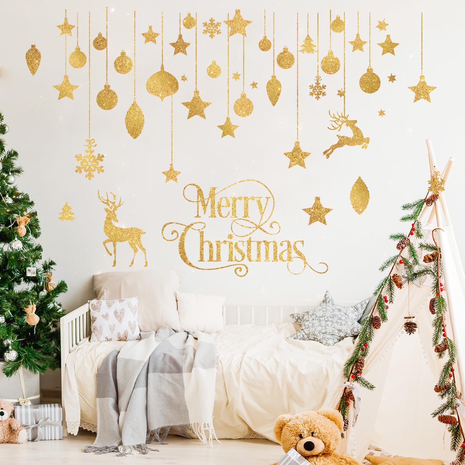 FUFUQUARE Christmas Wall Stickers Glitter Gold Reindeer Bells Snowflakes Ornaments Window Showcase Decals