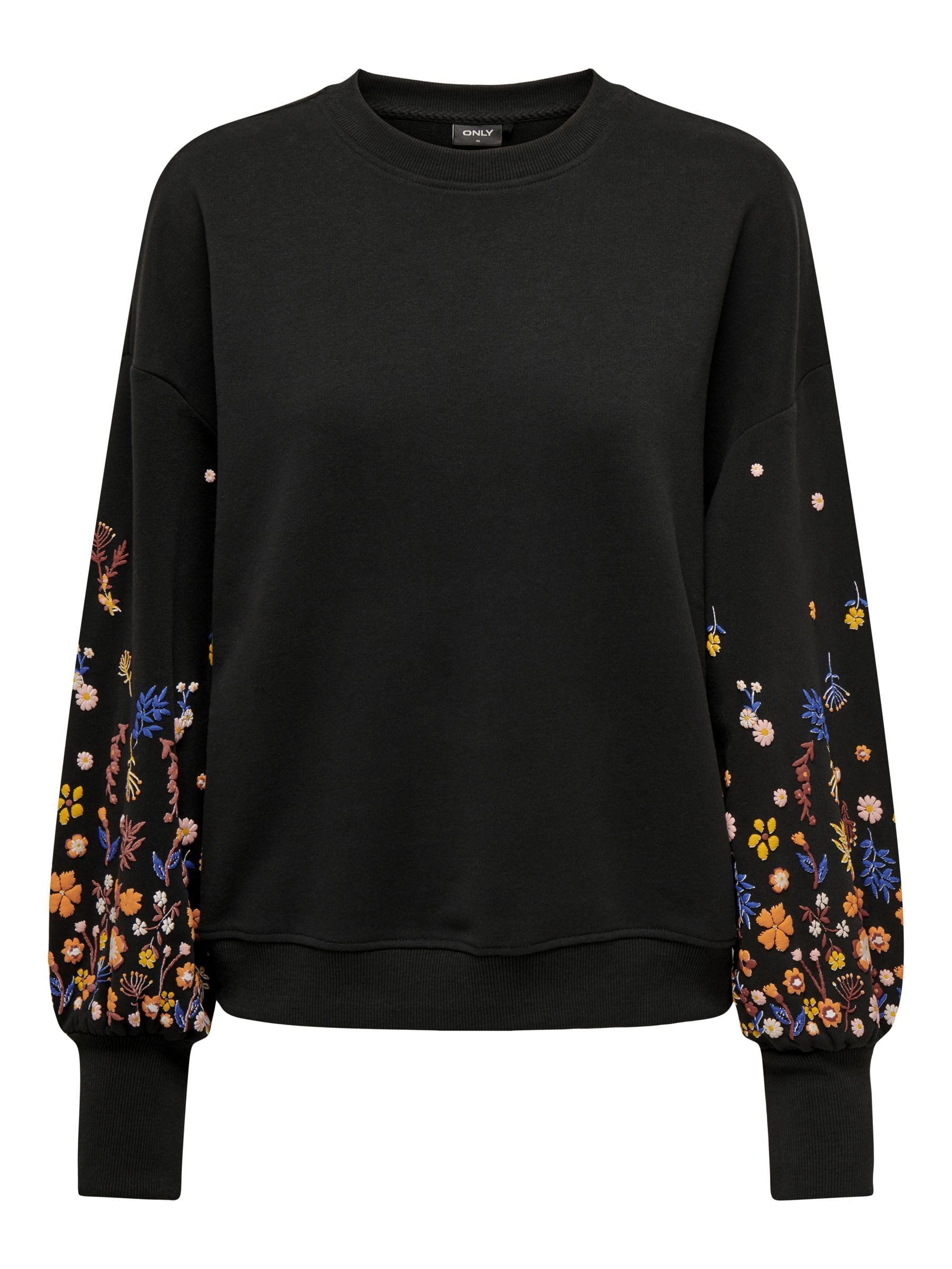 ONLY Damen Onlbrooke L/S O-Neck Cs SWT Sweater, Black/Print:Sleeve Flower Print, S