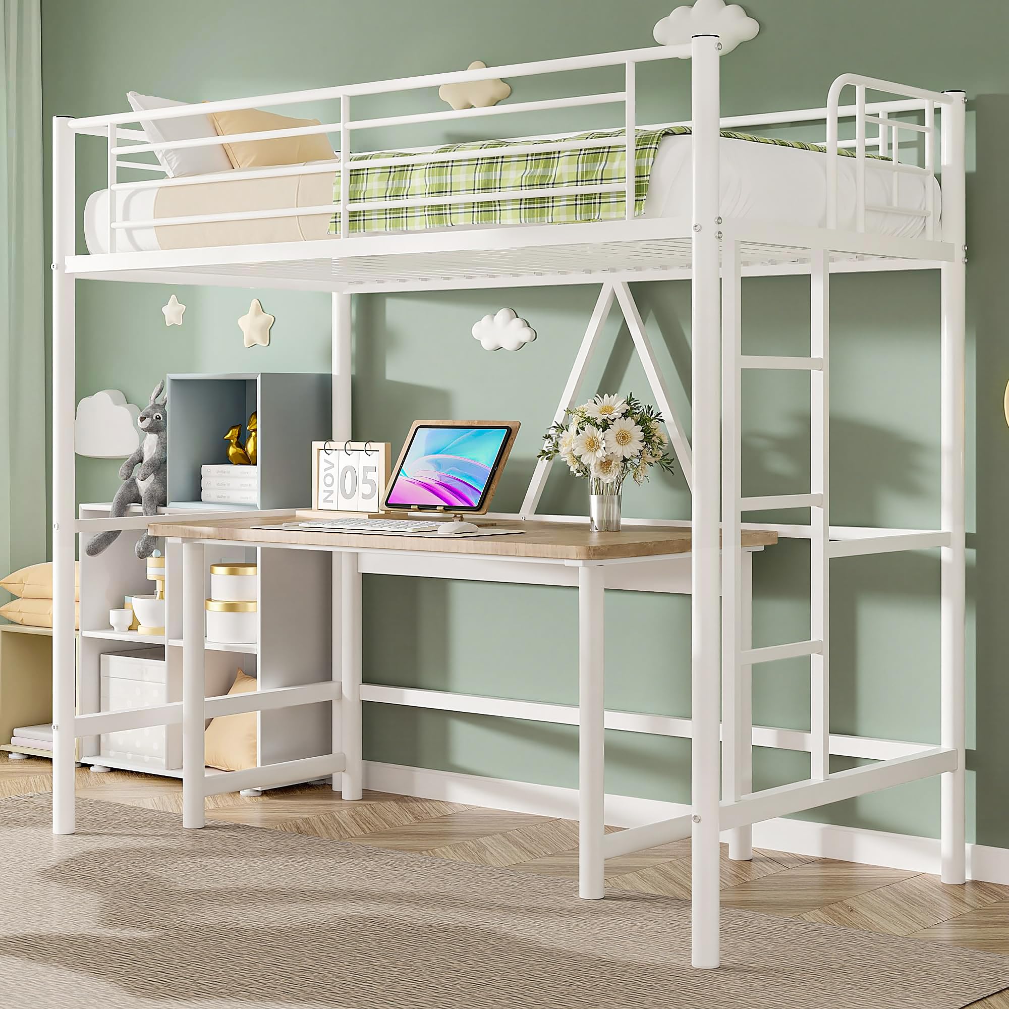 VECELO Metal Bunk Bed Single Size, High Sleeper Bedframe 90×190cm with Removable Ladder and Safety Guardrail, Space-Saving, Noise Free, No Box Spring Needed, White