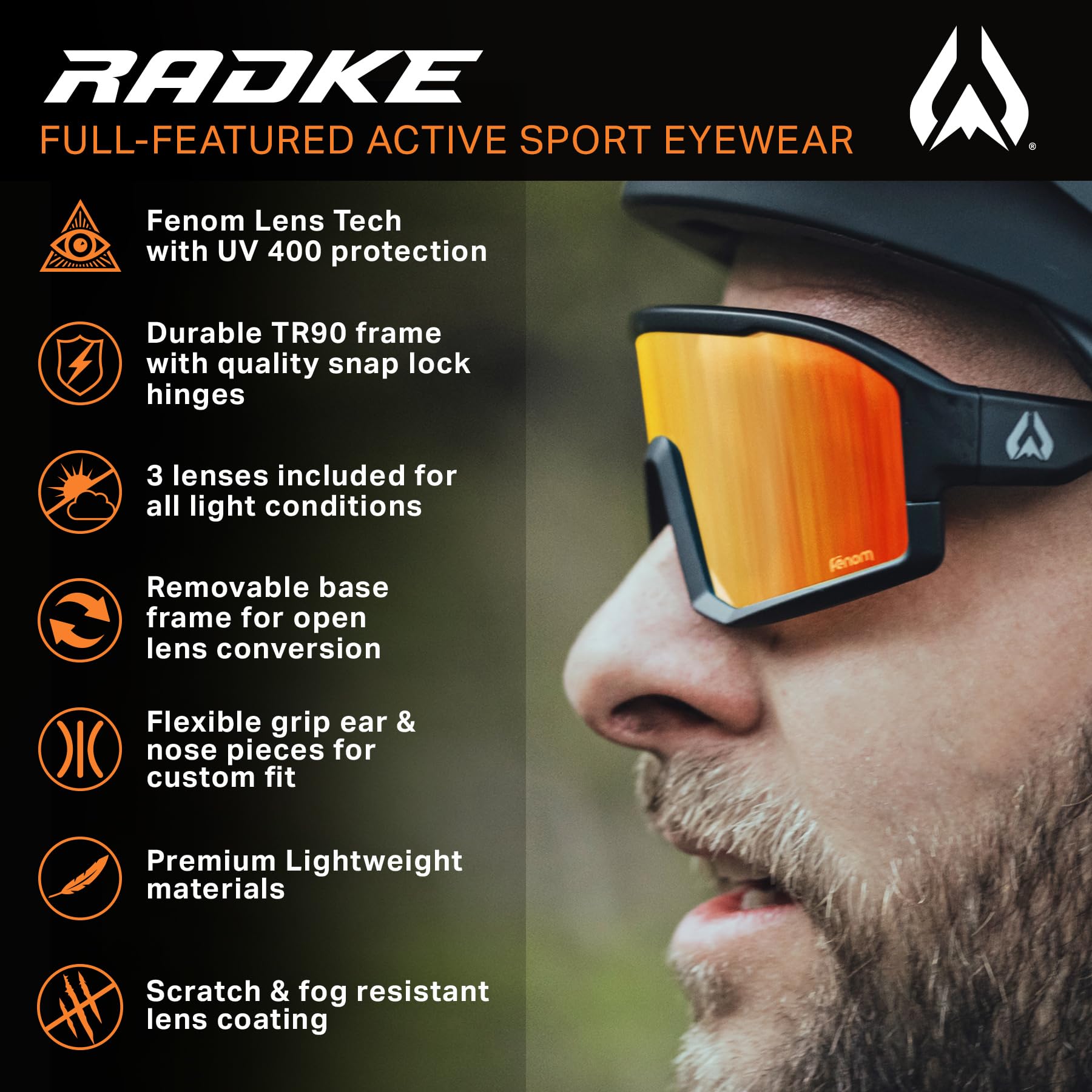 Wildhorn Radke okulary rowerowe MTB, UV400, sportowe okulary do biegania na nartach, dla kobiet i mężczyzn, okulary baseballowe z 3 wymiennymi soczewkami