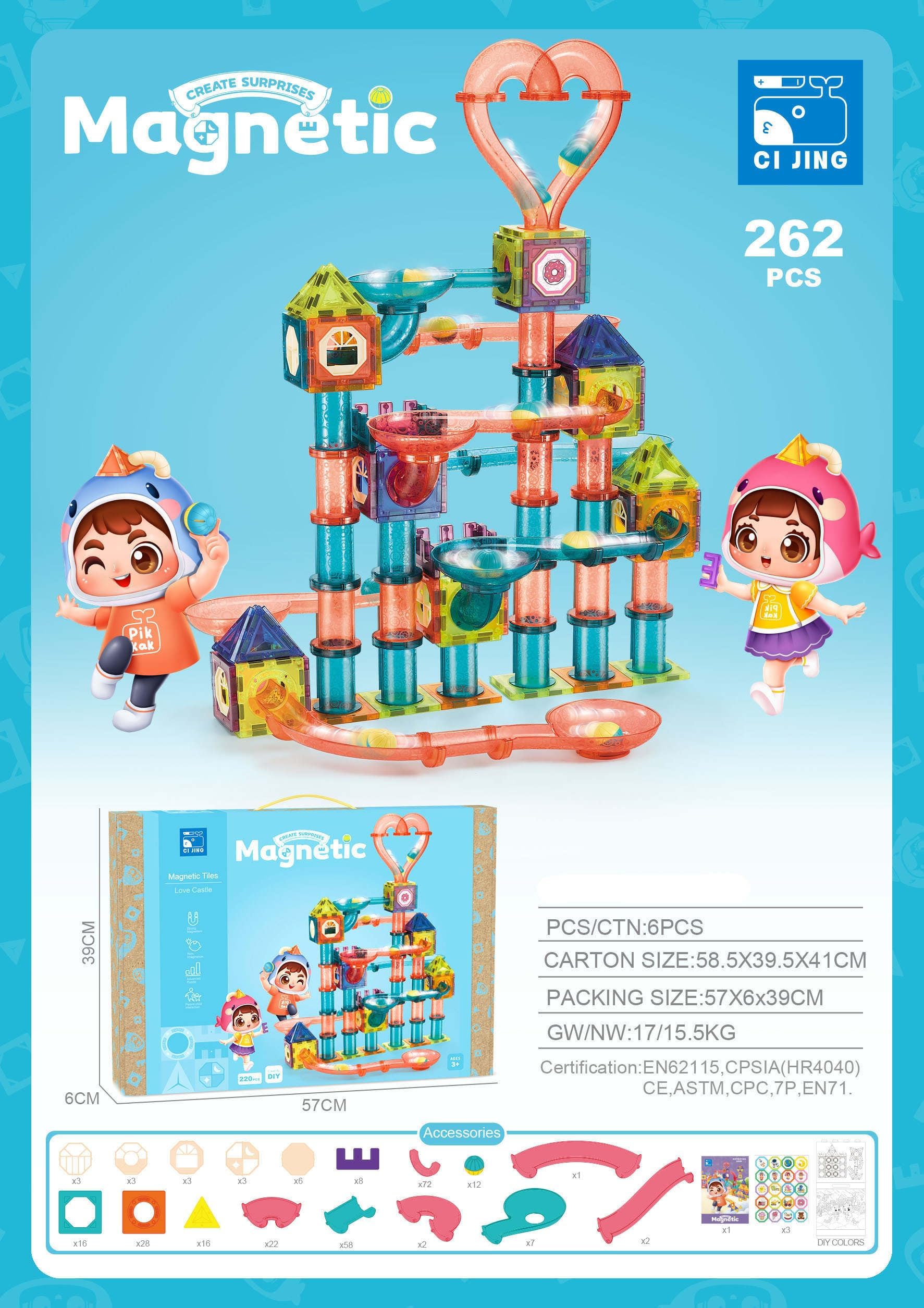 Magnetic Building 3D Clear Blocks, Tiles and Pipe Toys for Kids | 262 Pieces Great Gift for Kids. Age 3-8. Develops Spatial Thinking, Problem Solving, Teamwork, Color and Shape Recognition.