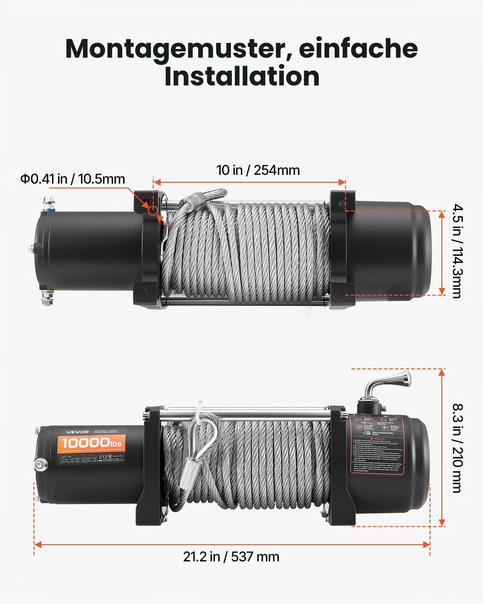 VEVOR Elektrische Seilwinde, 4500 kg, 12 V DC LKW-Winde mit Φ 8,3 mm x 19,8 m Stahlseil, kabellose & kabelgebundene Fernbedienung, IP55 zum Abschleppen von SUV, Jeep, Anhänger, Boot, Geländewagen
