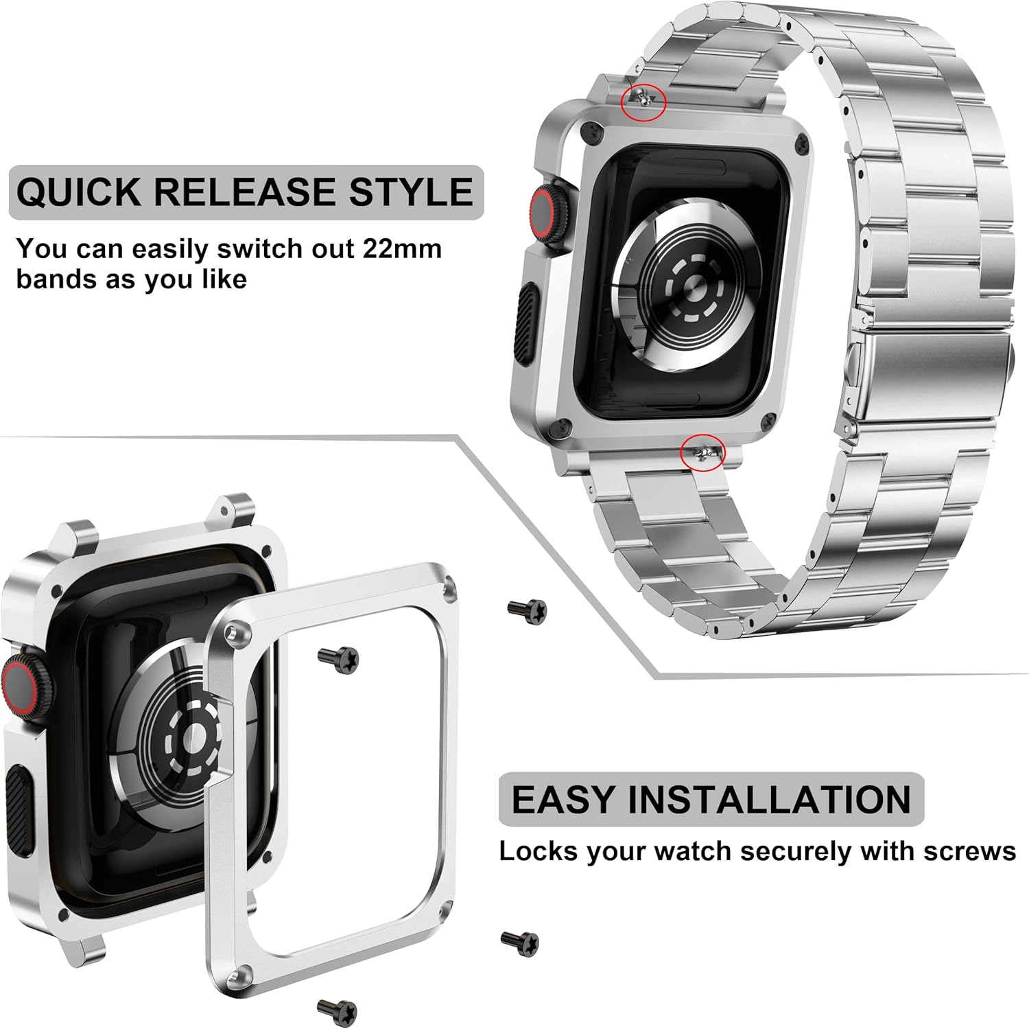 GELISHI Compatible with Apple Watch Band 44mm Men,Metal Rugged Case Bumper Full Protective Cover with Stainless Steel Band Replacement Strap for Watch Series 6 SE 5 4, Silver