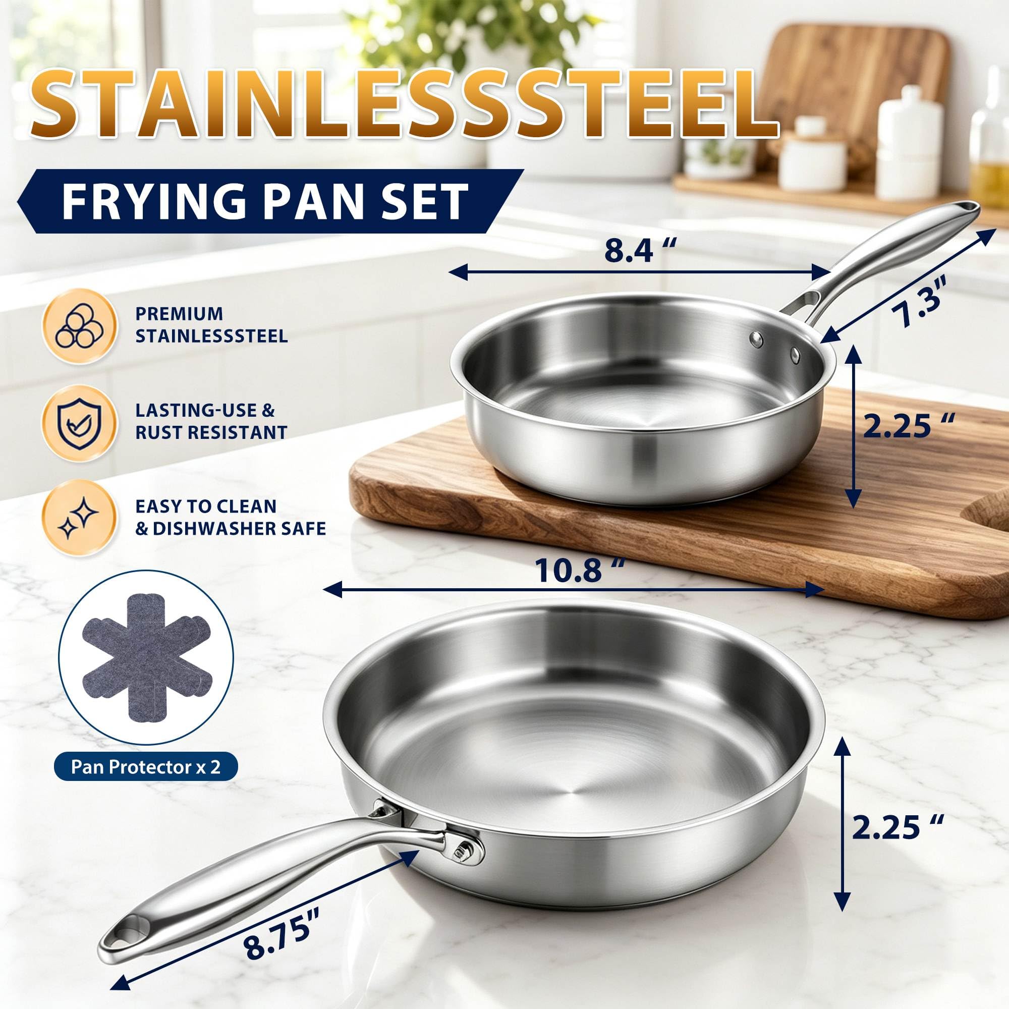P&P CHEF Stainless Steel Frying Pan Set - 8 & 10 Inch -2 P&P CHEF Stainless Steel Frying Pan Set - 8 & 10 Inch -2