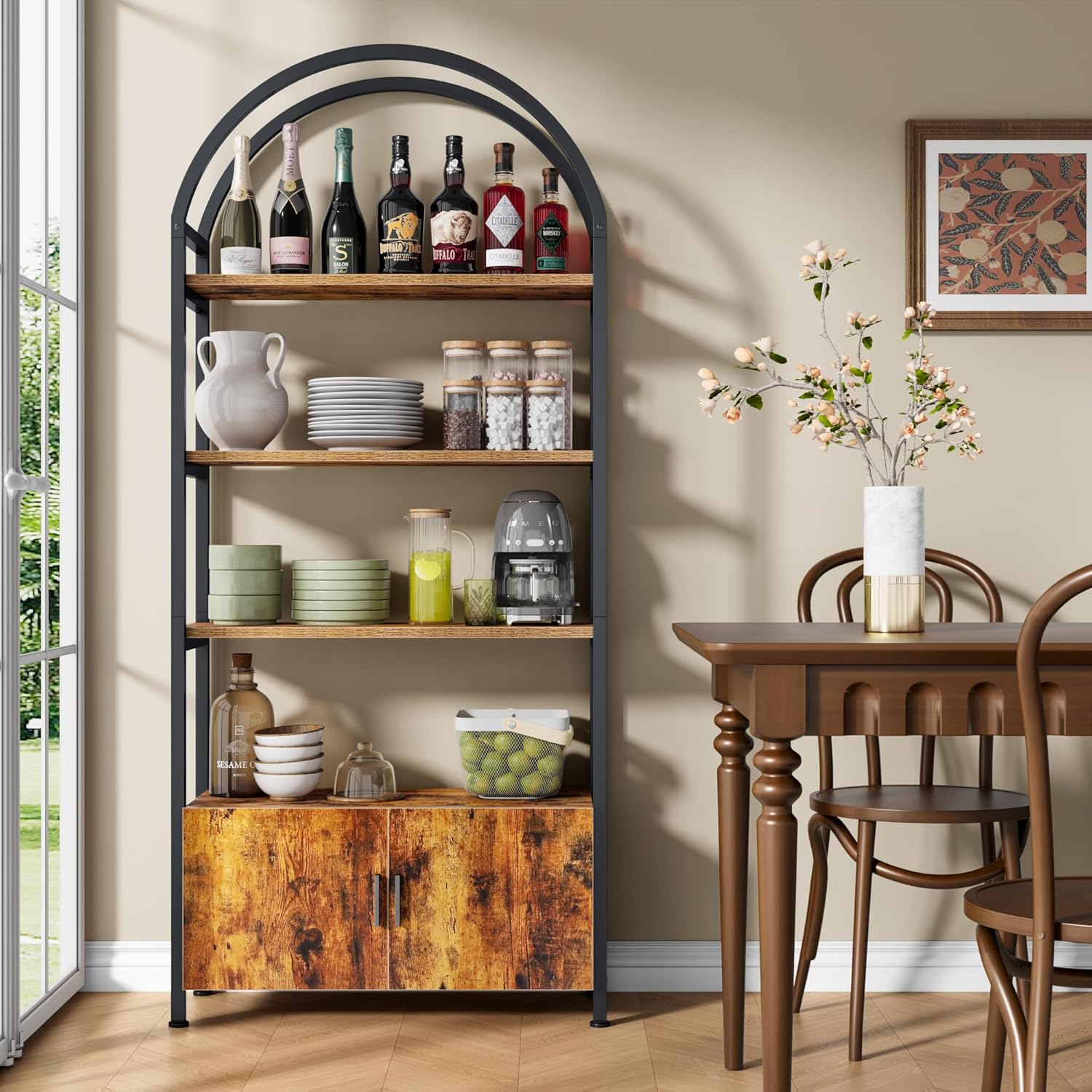 Jehiatek Arched Bookshelf with Storage Cabinet 71 Inch Tall Industrial Bookcase 5 Tier Open Display Shelf with Hidden Storage Rustic Wood and Metal Bookshelf for Living Room Bedroom Home Office