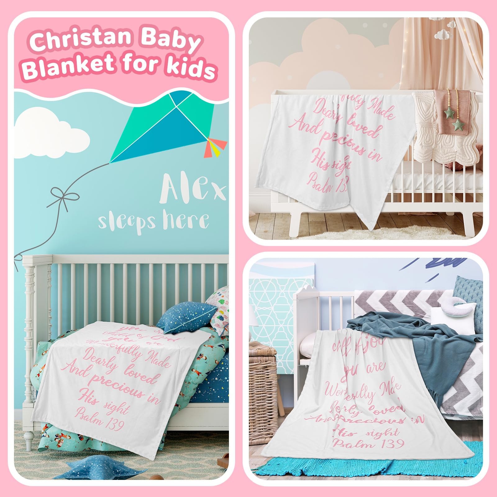 Rtteri Coperta in peluche per neonato, con retro punteggiato, per battesimo, con citazione della Scrittura, per neonato, ragazzo, ragazza, battesimo, figlioccio (rosa e bianco)