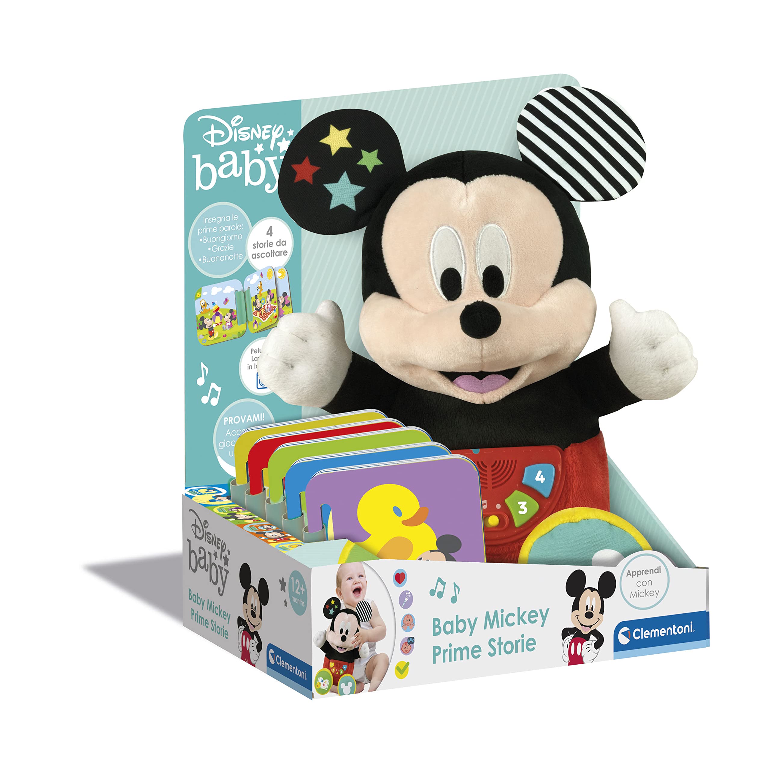Clementoni Baby - Disney Baby Mickey Prime Storie, Peluche Raccontastorie Interattivo per Bambini 12+ Mesi, con 4 Libricini Illustrati, 100% Lavabile, Lingua Italiana, 17734