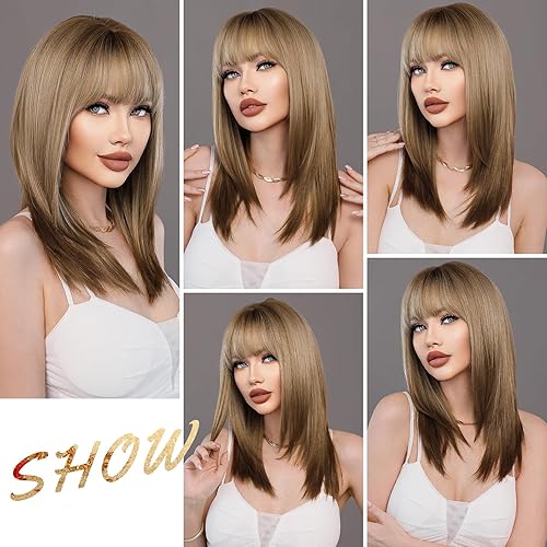 Miniatura 6 de 7JHH WIGS Peluca de 20 pulgadas de largo y lacio en capas con flequillo, peluca de cabello castaño con raíces marrones, resistente al calor,