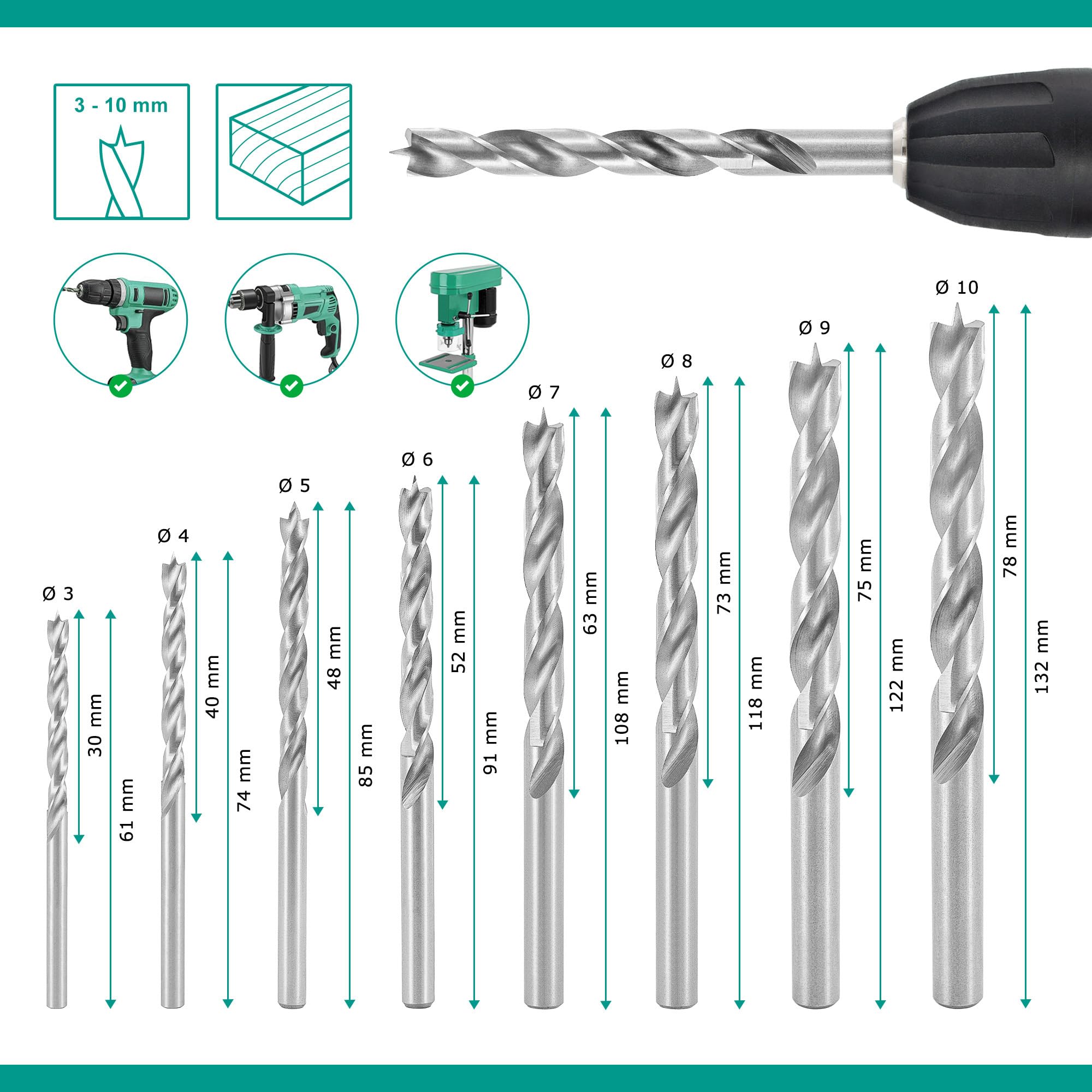 ENT 09248 Juego de 8 brocas para madera HSS-G - 3-10 mm - brocas helicoidales afiladas en HSS