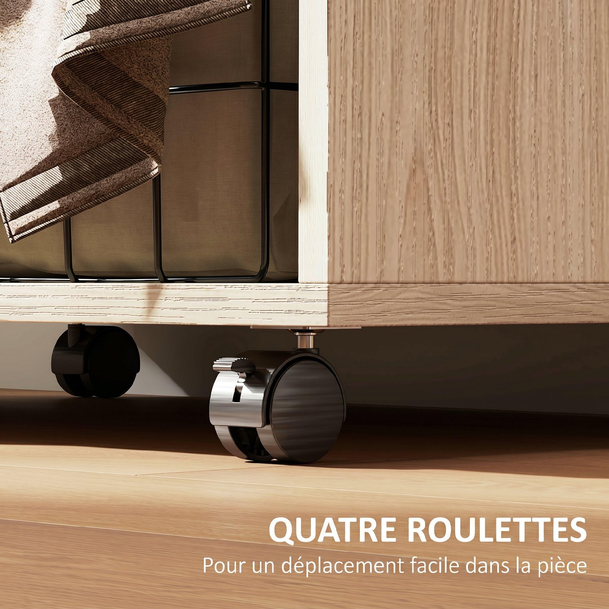 HOMCOM Armoire penderie mobile dressing avec rideau armoire de rangement 4 roulettes avec tringle de suspension et étagères, penderie vêtement roulant pour chambre, 60 x 40 x 128 cm effet bois naturel
