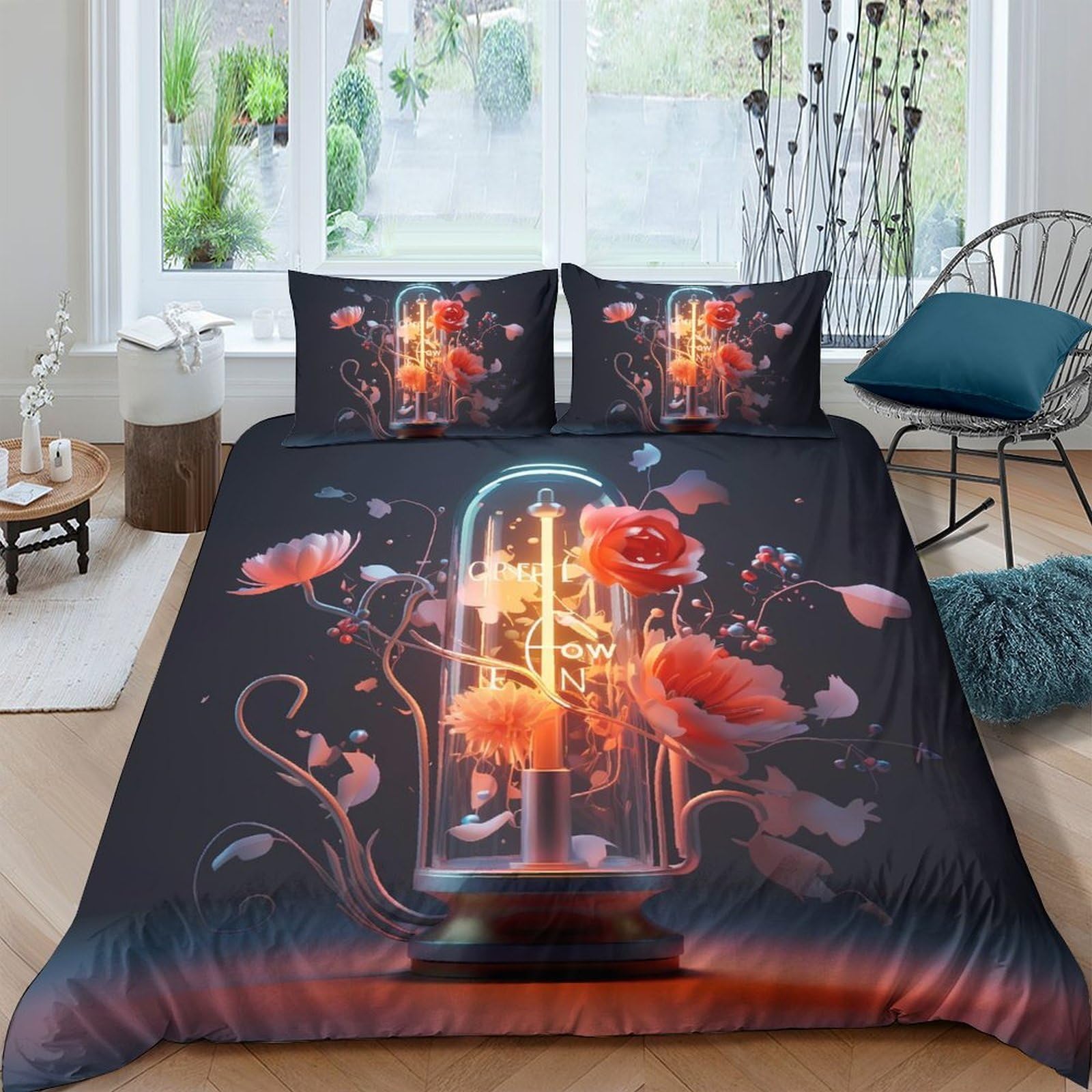 GPLZQXKJNH 3D Printed Glass Dome Fantasy Flower Duvet Cover Set Microfiber Soft Breathable Poppy Quilt Cover with 2 Pillowcases for Bedroom Decor Single（135x200cm）