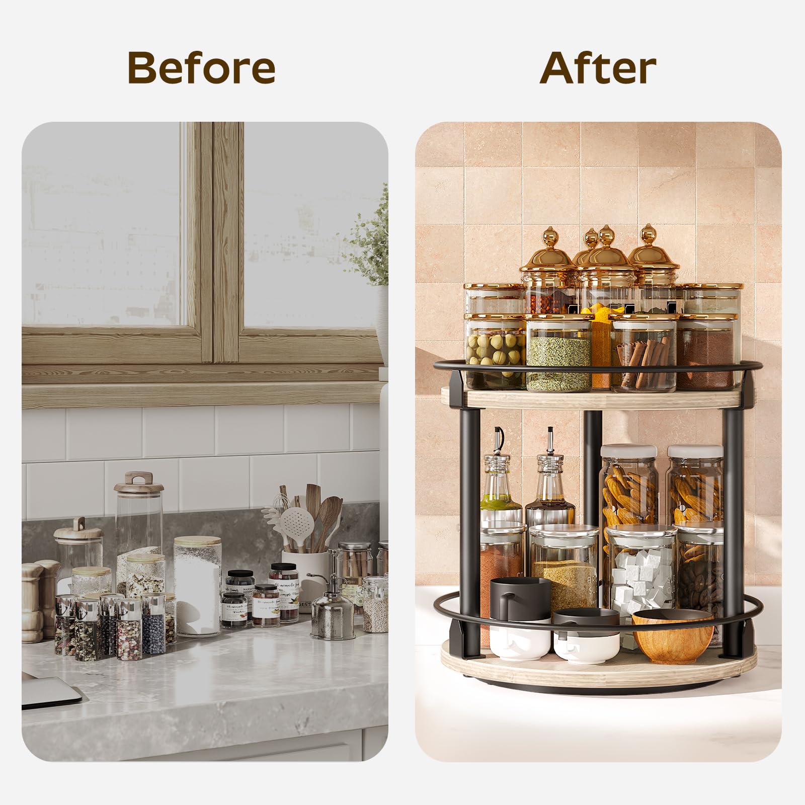 YATINEY Lazy Susan Organizer, Rotating Spice Rack, 2 Tier Spice Turntable Organizer, Industrial Turntable Spice Holder, for Kitchen Countertop and Cabinet, Compact and Versatile, Greige SR22BG