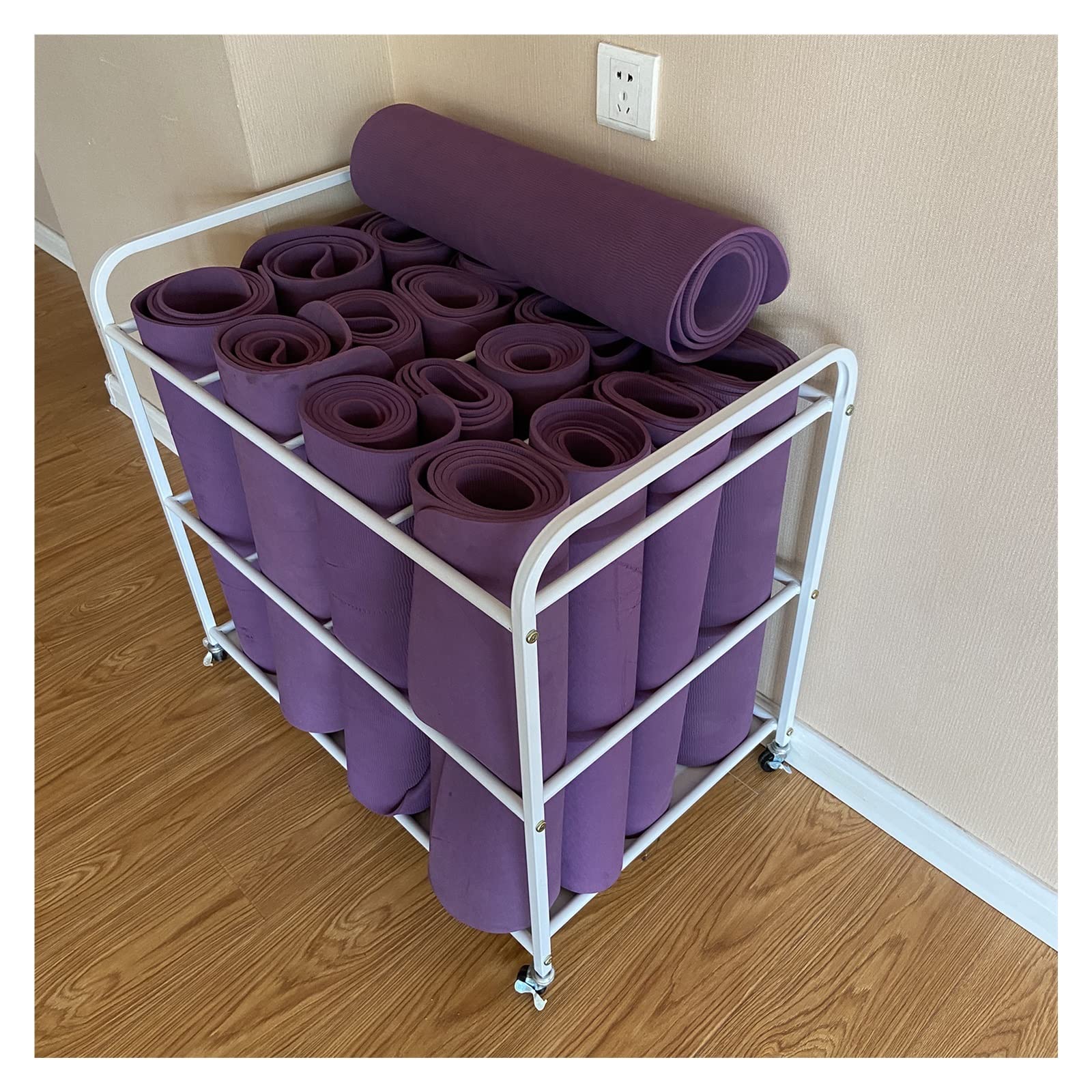 Meuble de rangement tapis de yoga à roulettes support métal 12 rouleaux
