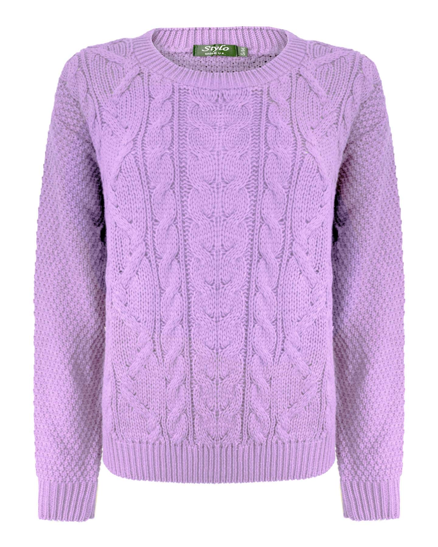 Generation Fashion New Ladies Cable Knit Crew Round Neck Long Sleeve Women Knitted Jumper Sweater [Lilac,SM]
