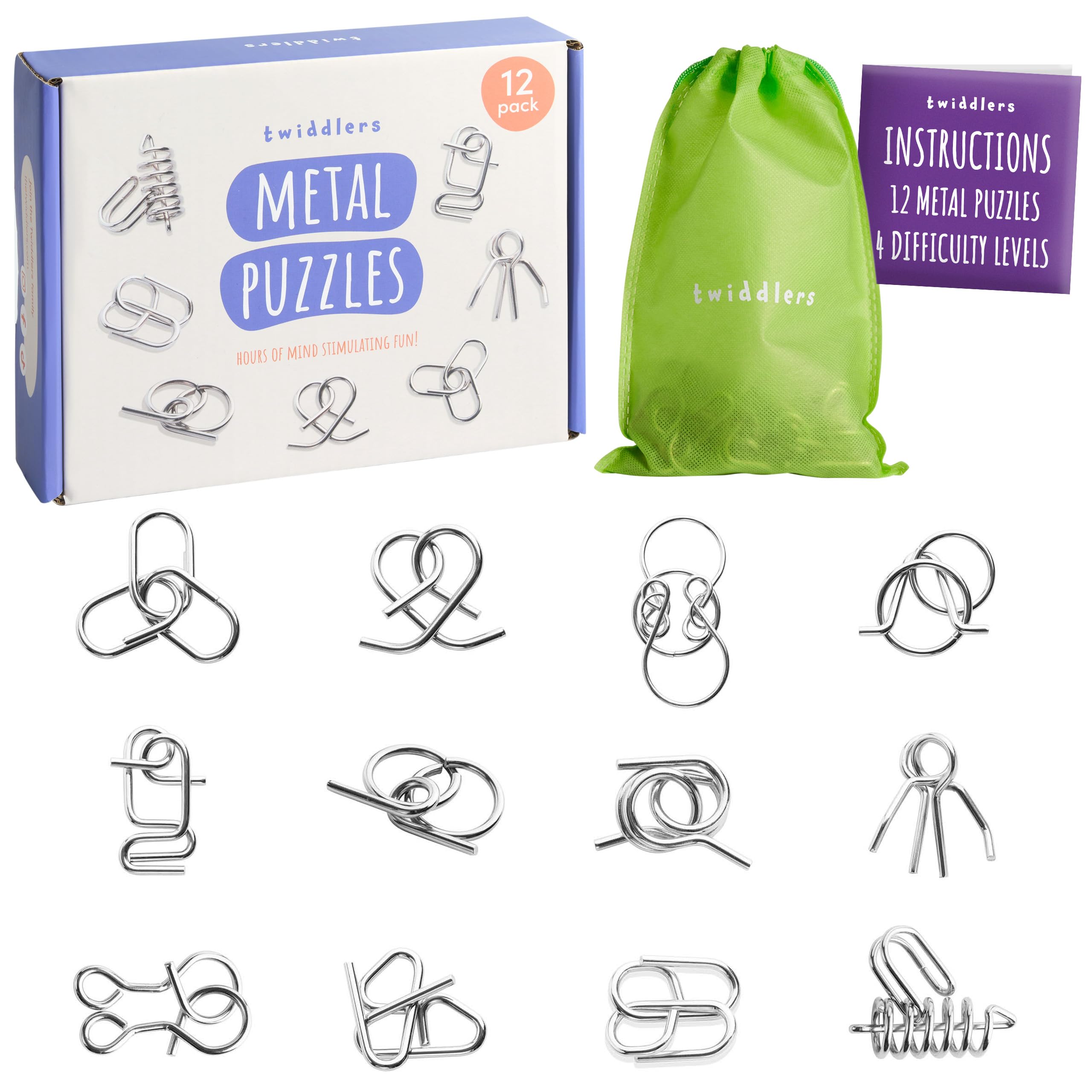 THE TWIDDLERS 12 Pieces Metal Wire IQ Brain Teaser Mind Puzzles, Multipack Mini School Gift Toys and Party Bag Fillers for Kids, Adults Christmas Cracker Party Favours