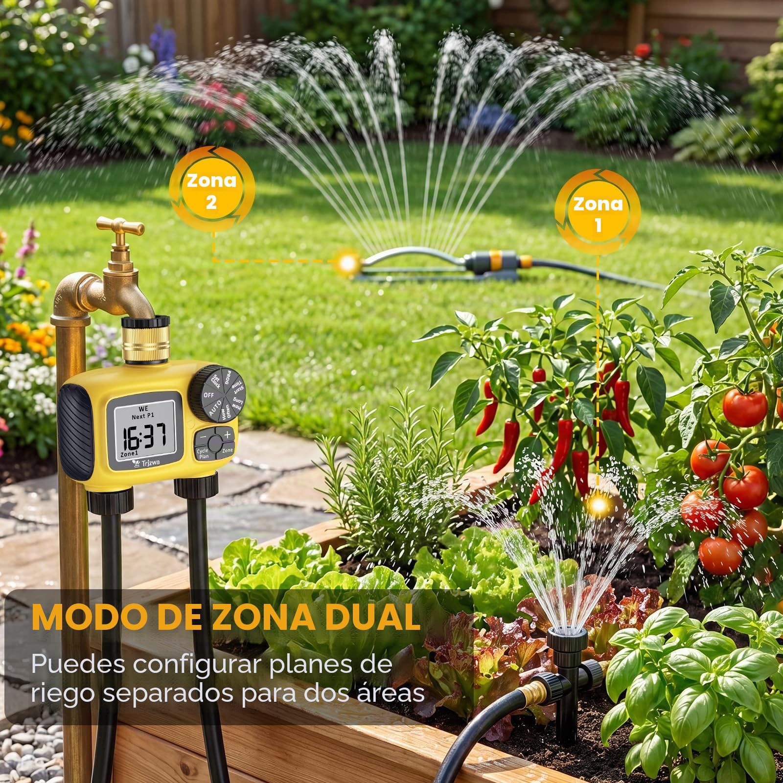 Ordenador de Riego con 2 Salidas, Riego por Goteo Programable con Entrada de Latón,Riego Automático con Temporizador, IP55, Resistente al Agua,Sistema de Temporizador de Riego Digital