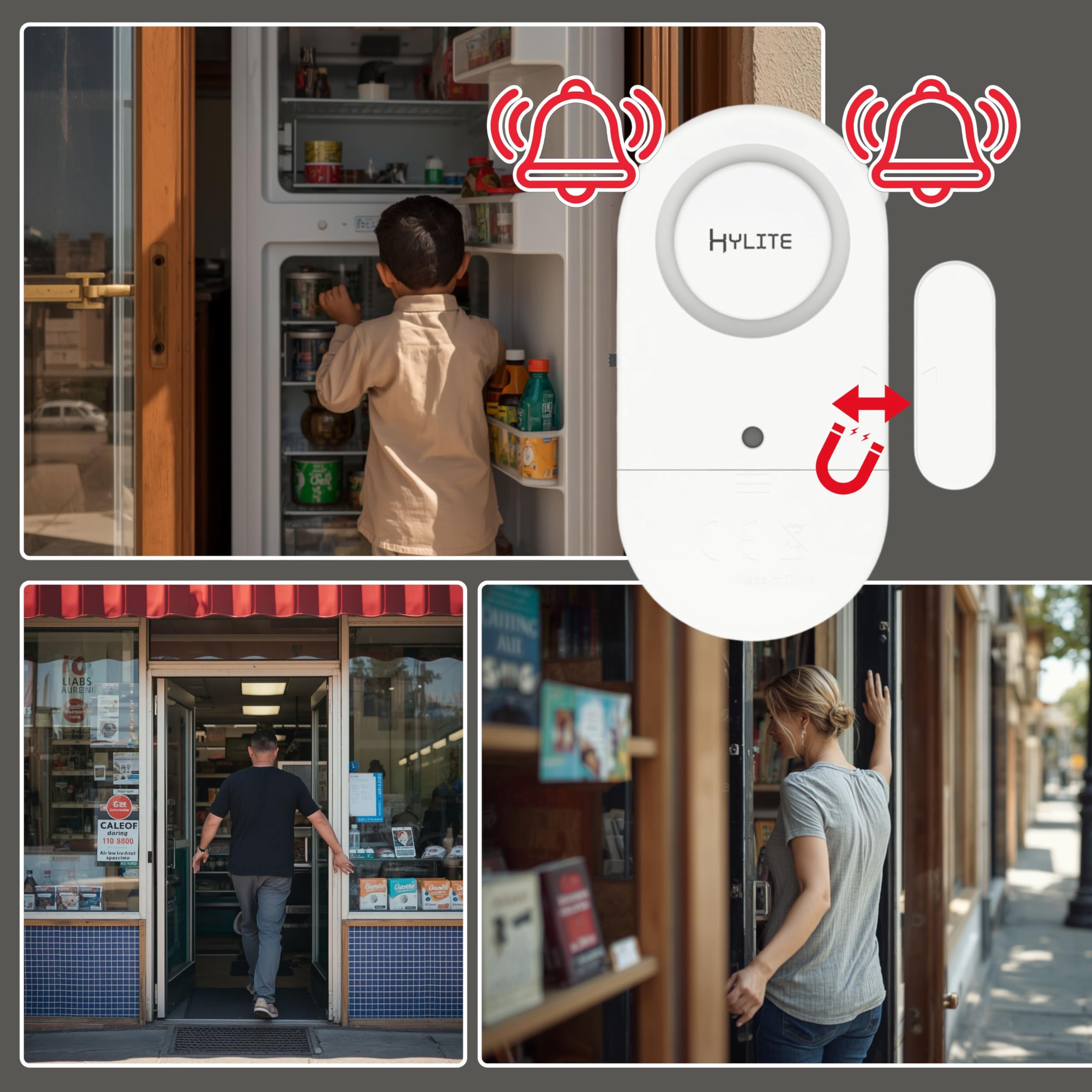 HYLITE Alarm Magnetyczny Drzwi Okno 2-Pack – 125dB Alarma lub Ding-Dong, Montaż Klejowy bez Wiercenia, Bateryjny Standalone, Biały