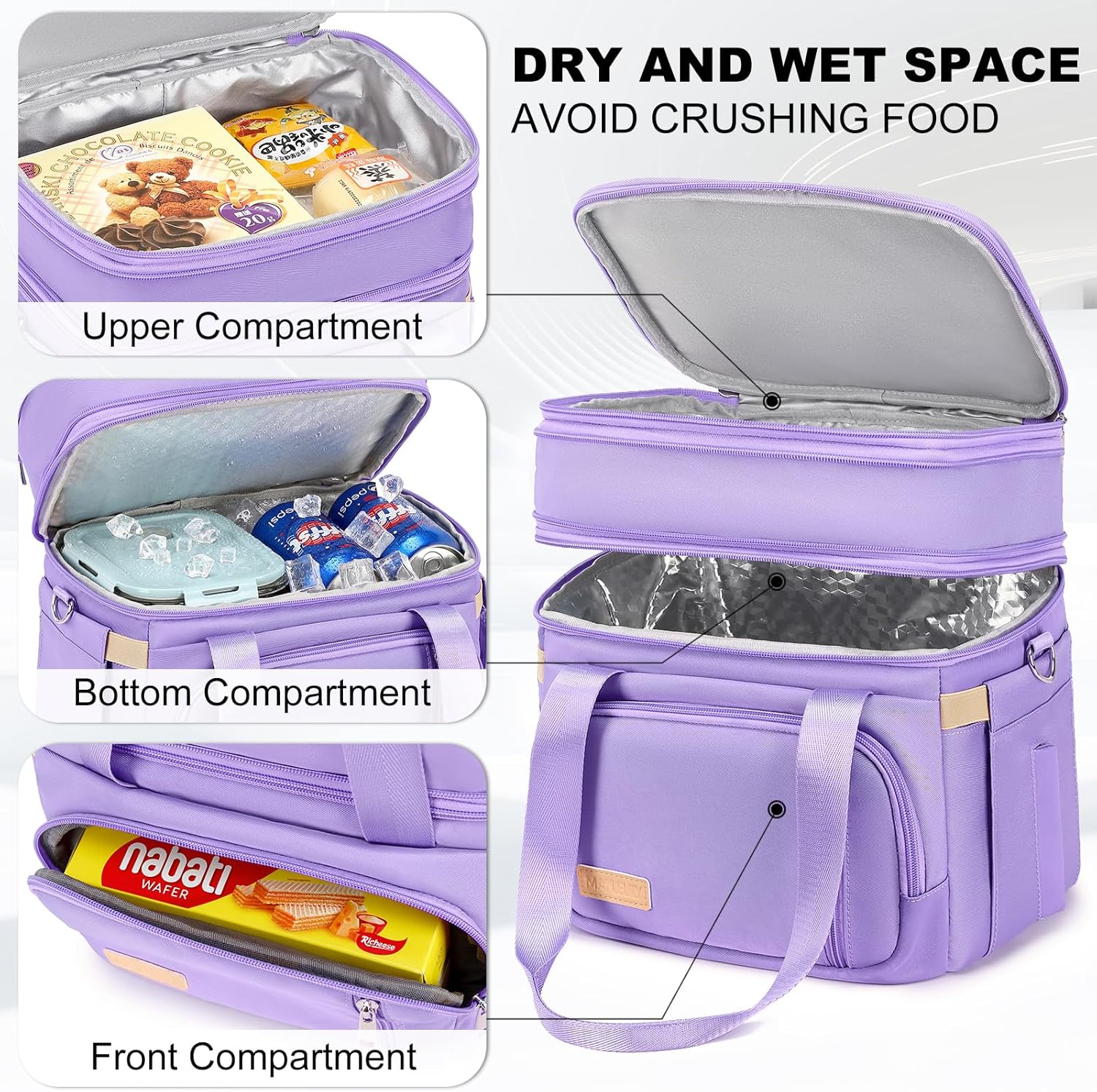 Lunch Box for Men Women - Double Deck Insulated Lunch Bag, Large Leak Proof Tote Cooler, Wide Open Dual Compartment Lunch Bags with Shoulder Strap, For Work Picnic Hiking Beach, Purple - Image 3