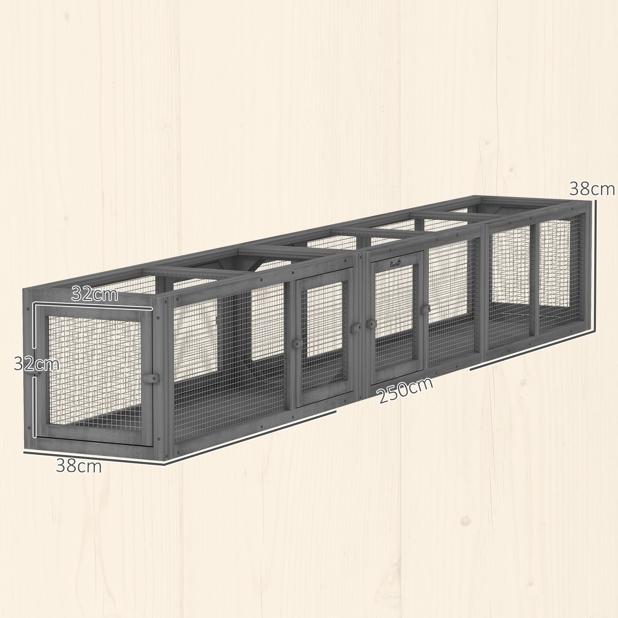 PawHut Túnel de madera para gatos, 250 cm, extra largo, con 8 puertas, forma de L/rectangular, para gato, conejo, cachorro, gris oscuro