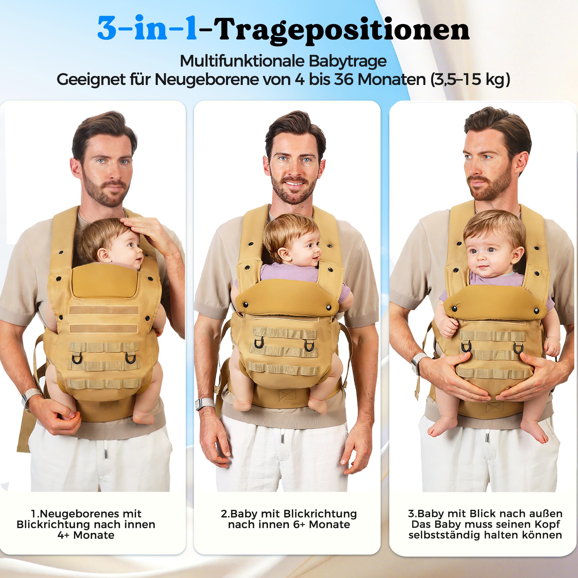 Portabebé TáCtico Para Padres, Portabebé Para NiñOs PequeñOs (4-36 Meses) - Portabebés ErgonóMico 3 En 1, Saludable Para La Cadera, Portabebés Para Paseos Y Viajes Caqui