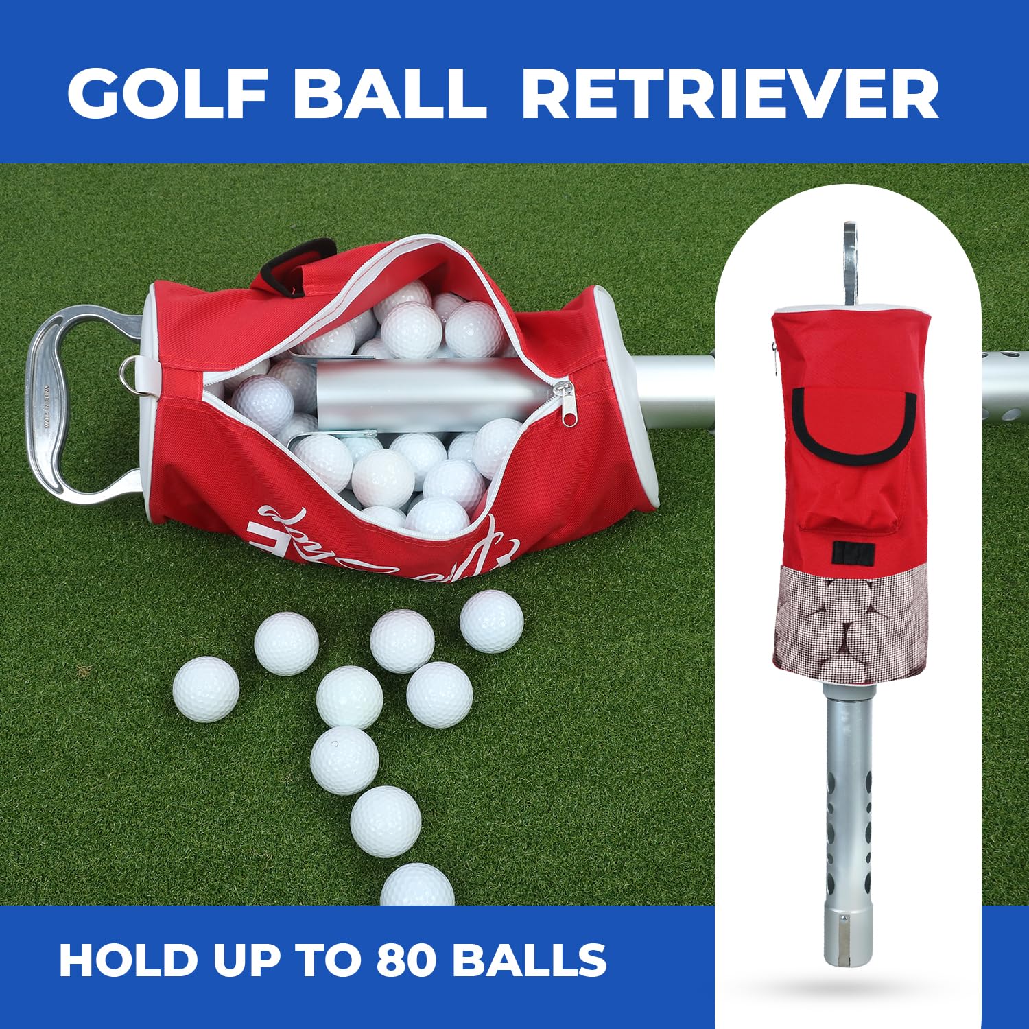 Recuperador de pelotas de golf | Bolsa portátil para golf | Colector con tubo desmontable de aleación de aluminio/plástico con bolsillo y soporte para T (rojo)