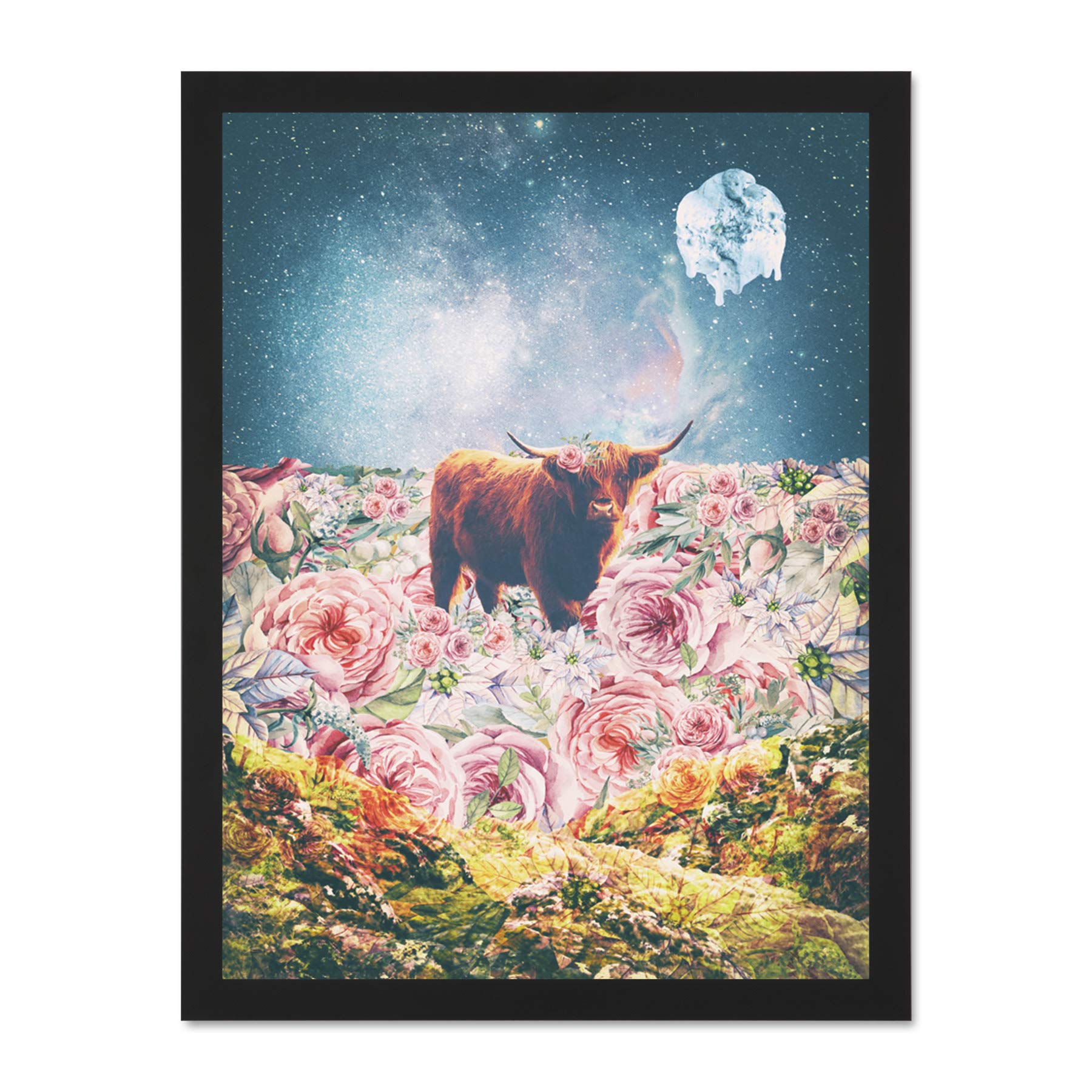 Wee Blue Coo Scottish Highland Hairy Coo Trippy Psychedelic Landscape Space Large Framed Art Print Poster Wall Decor 18x24 inch
