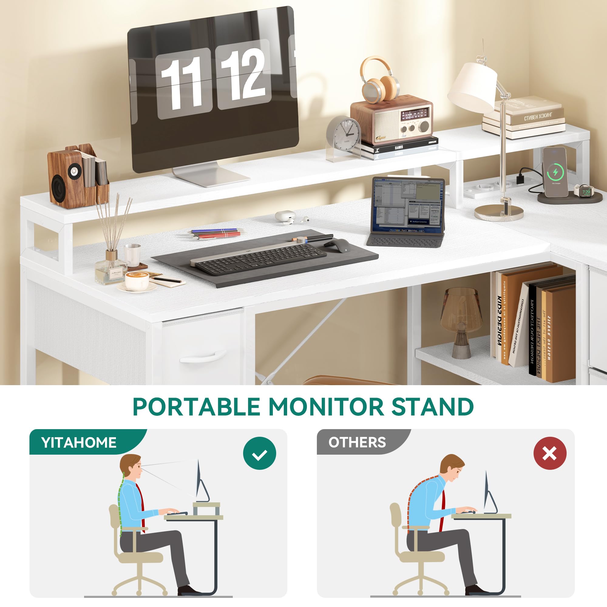 YITAHOME L Form Schreibtisch mit USB Ladeanschluss und Steckdose,Reversible Eckschreibtisch mit 4 Schubladen und Regal,Gaming Schreibtische mit Monitorständer,140x100 cm Computertisch für Büro,weiß