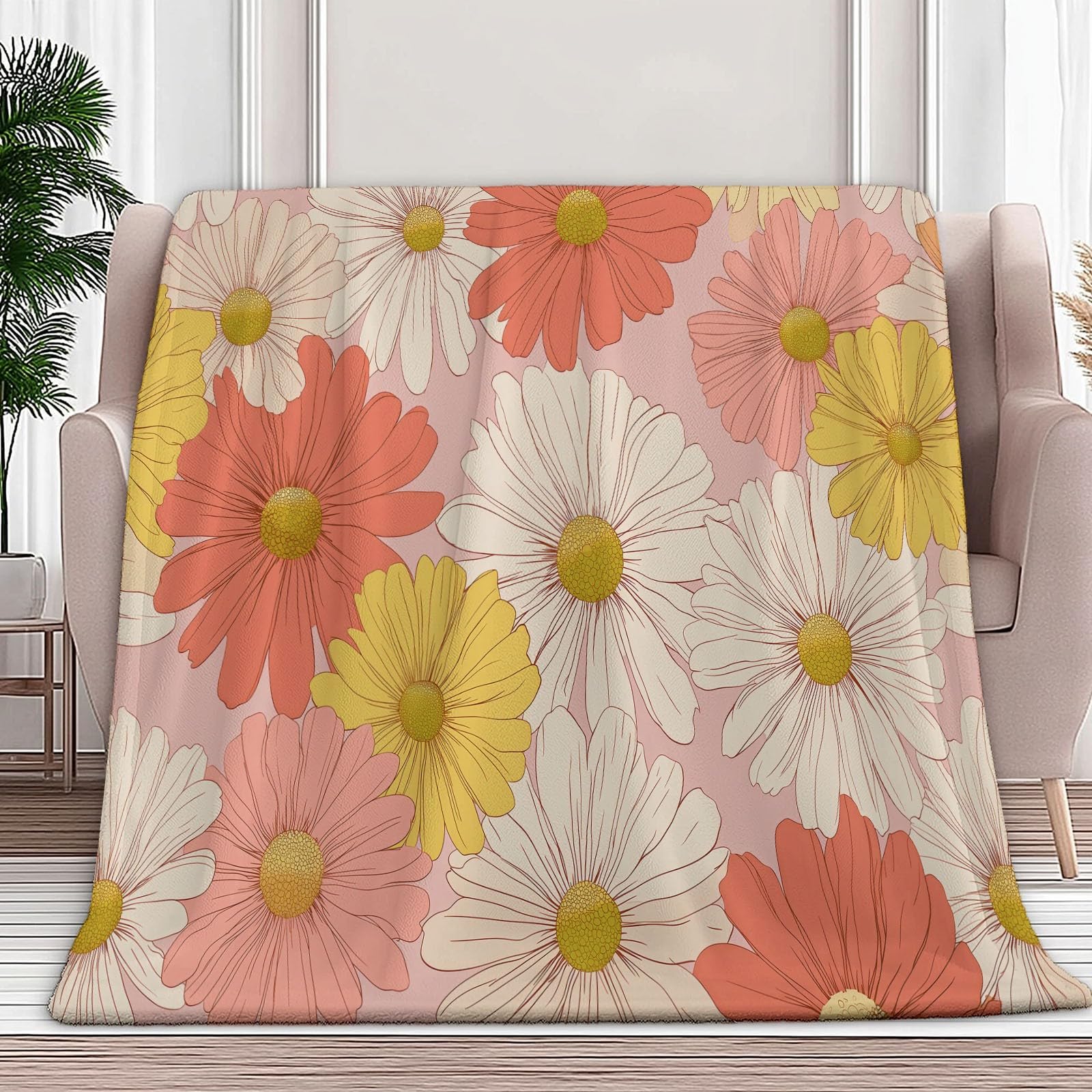 Generico Koc polarowy w kratę retro chryzantema 180 x 220 cm Super miękki zimowy ciepły koc w kratę, na sofę, narzuta na łóżko, na wszystkie pory roku, dla dorosłych dzieci
