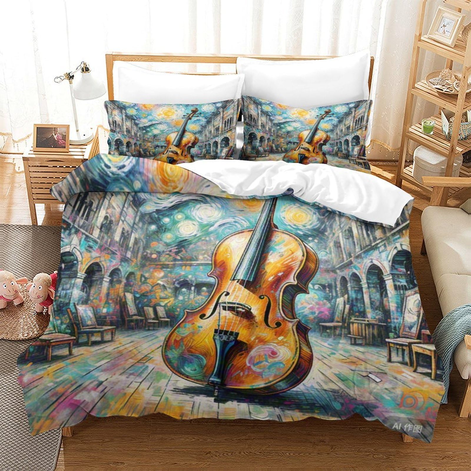 Housse de couette violoncelle 3D 260x220cm en microfibre avec taies
