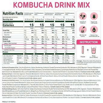 TEAZEN Kombucha Sunset Bliss Hydration Variety Pack - 20 Packets, 5 Flavors (Peach, Mango-Guava, Strawberry-Kiwi, Citron, Sicilian Pink Lemon), On-the-Go Powder Drink Mix