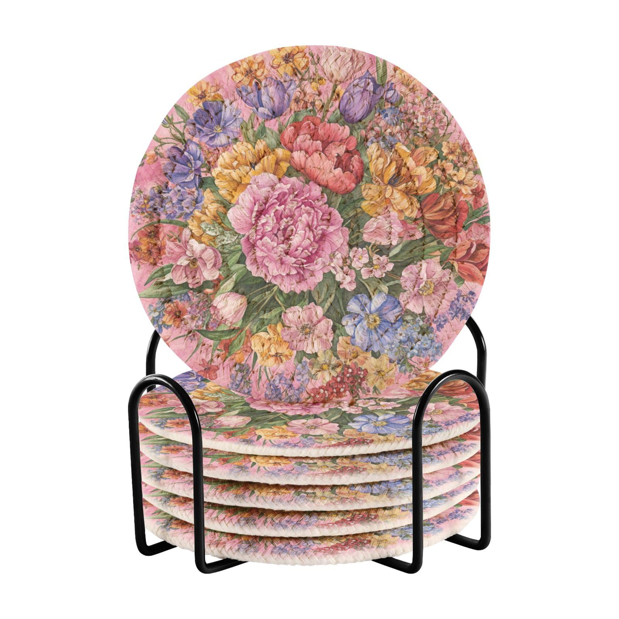 Florals Peonies Violet Hot Peach Cotton Rope Absorbant Coasters with Holder Set of 6 Cotton